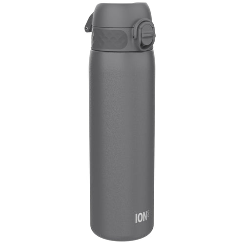 Ion8 slim stainless steel water bottle in grey, 600ml (20oz), leak-proof design, ideal for staying hydrated on the go.