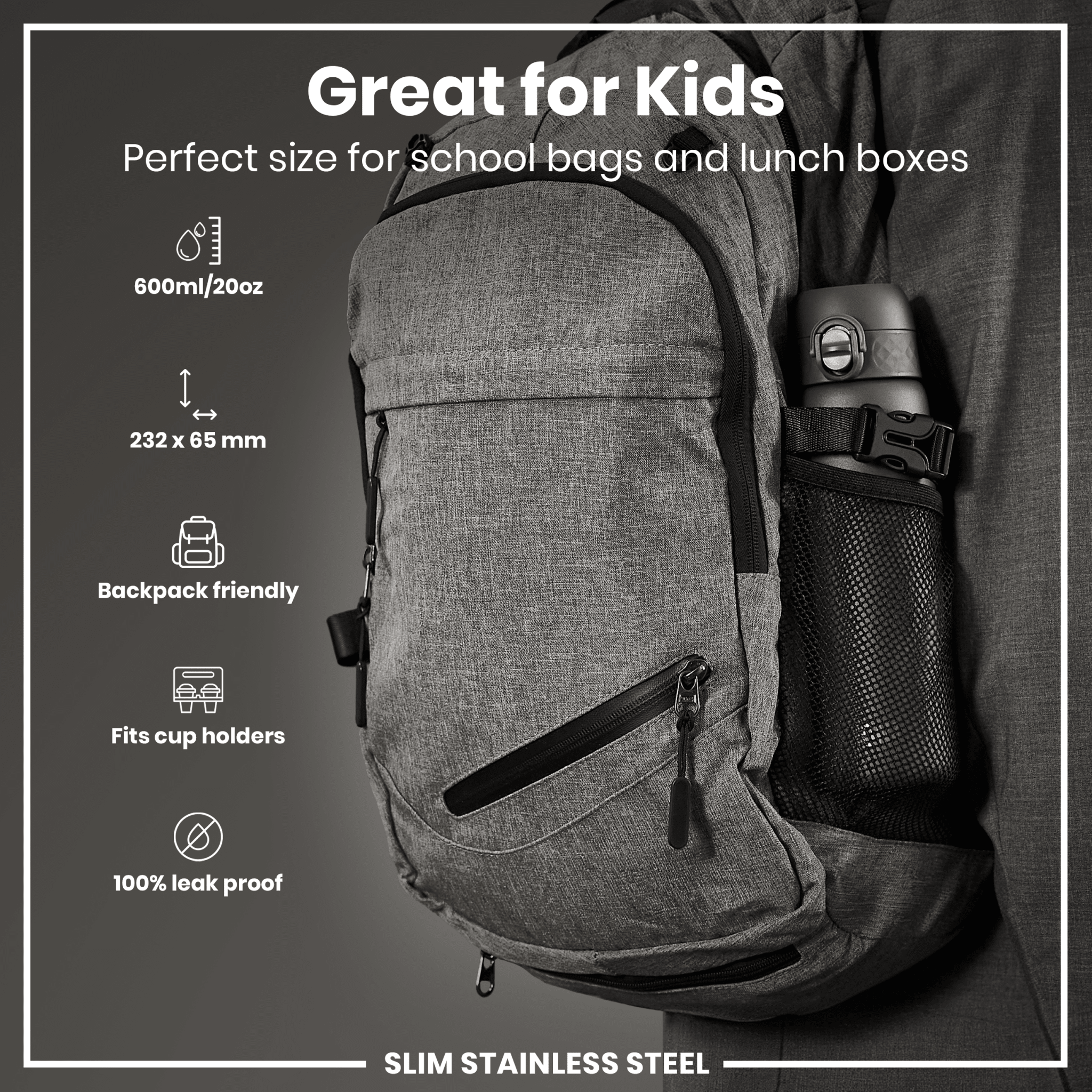Grey ION8 stainless steel leak-proof slim water bottle with 600ml capacity, featuring a sleek design and secure lid.
