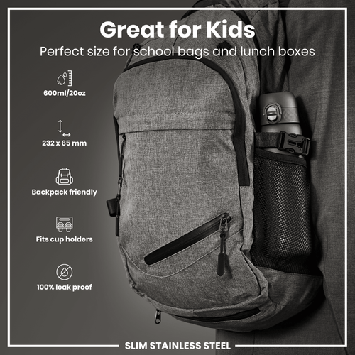 Grey ION8 stainless steel leak-proof slim water bottle with 600ml capacity, featuring a sleek design and secure lid.