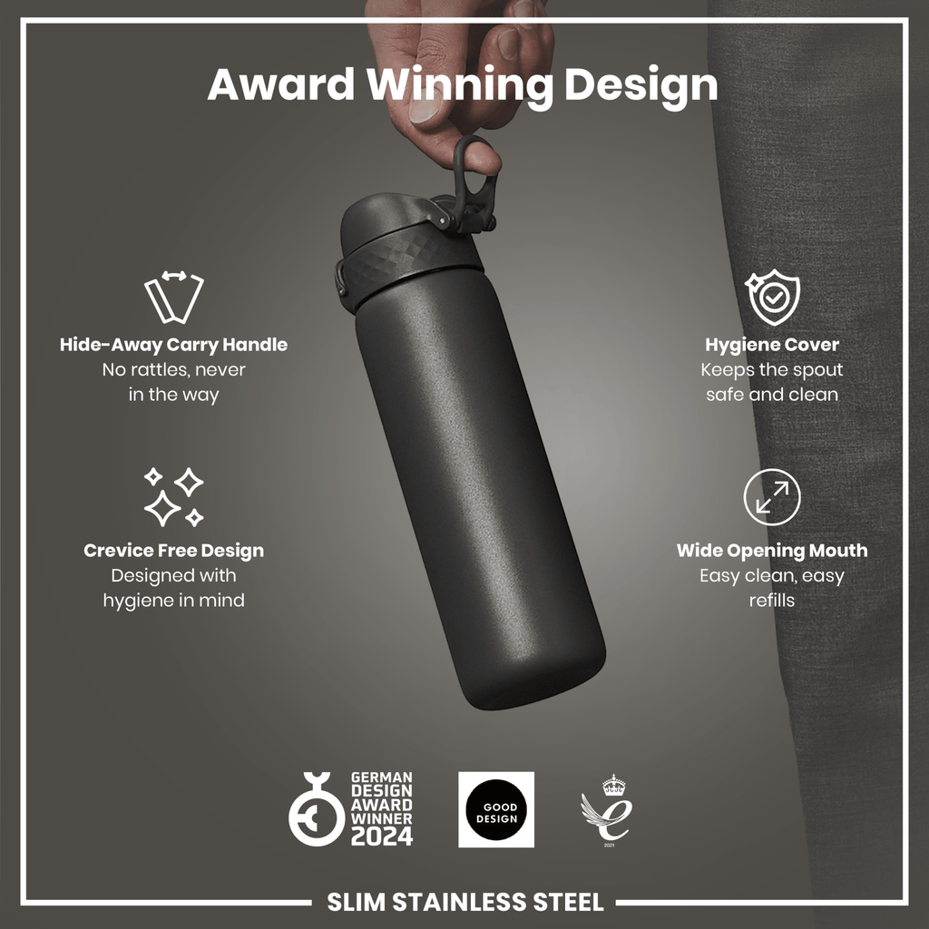 Grey stainless steel leak-proof slim water bottle by ION8, 600ml (20oz), featuring a sleek design and secure lid.
