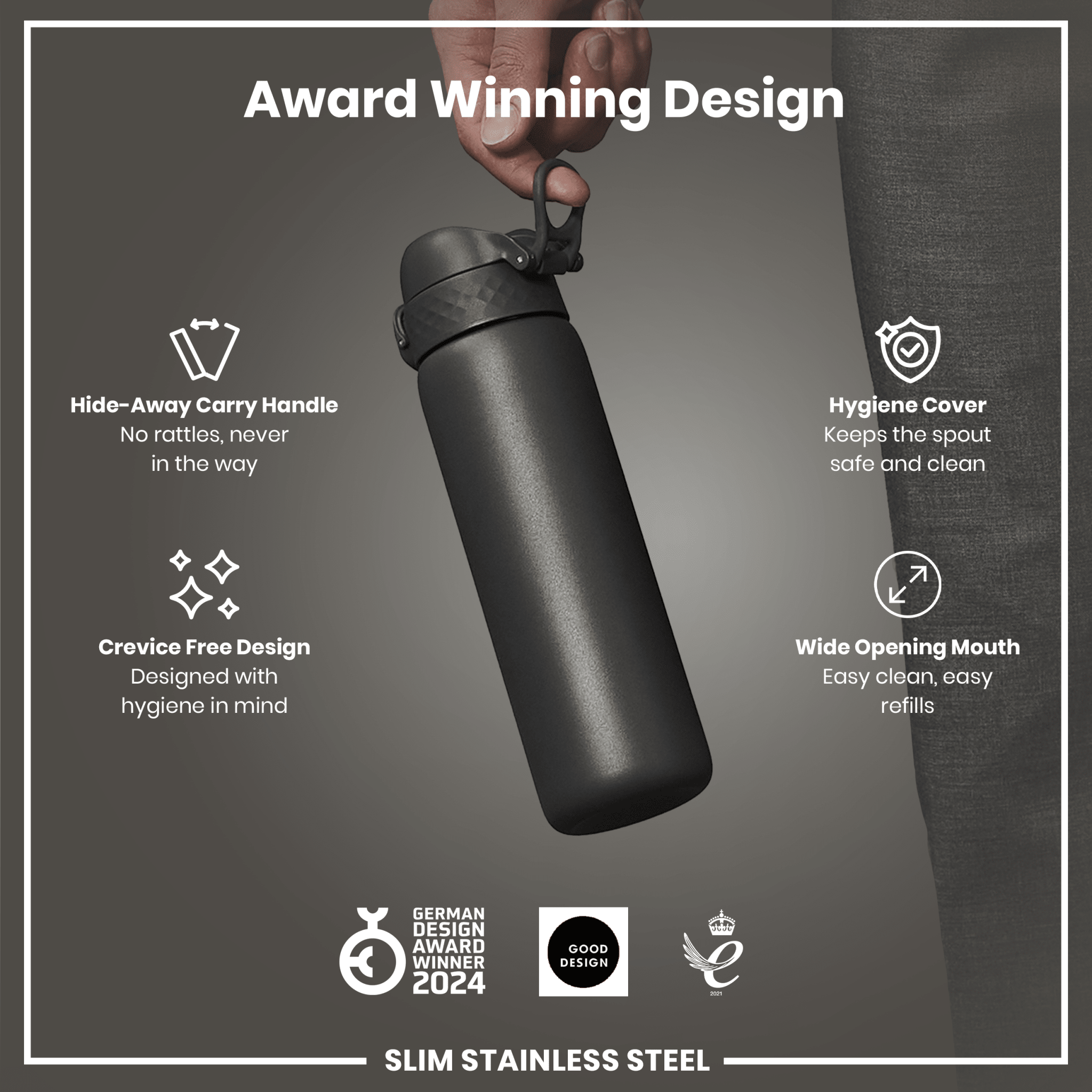 Grey stainless steel leak-proof slim water bottle by ION8, 600ml (20oz), featuring a sleek design and secure lid.