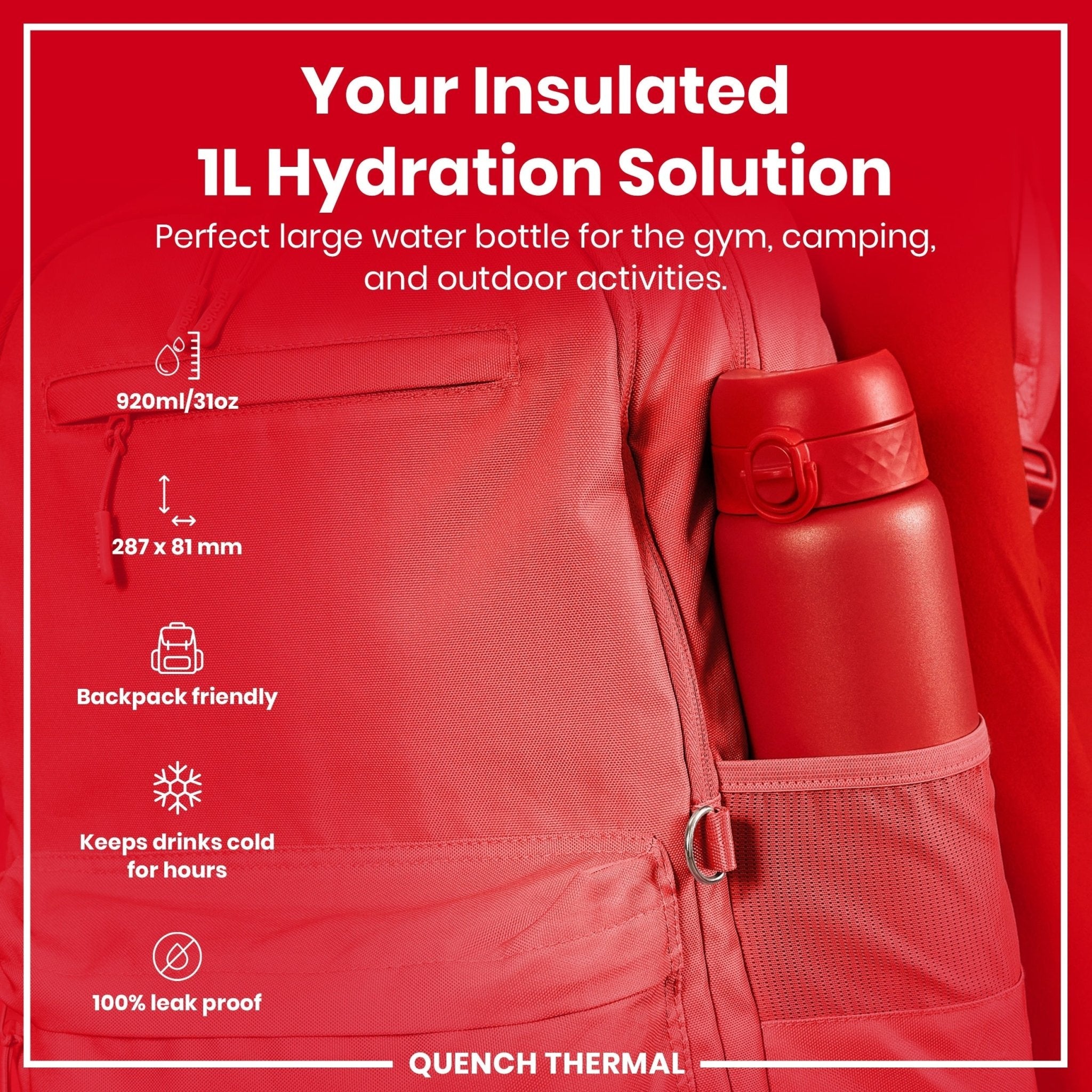 Red ION8 leak-proof 1-liter insulated water bottle with thermal insulation, designed for hot and cold beverages.