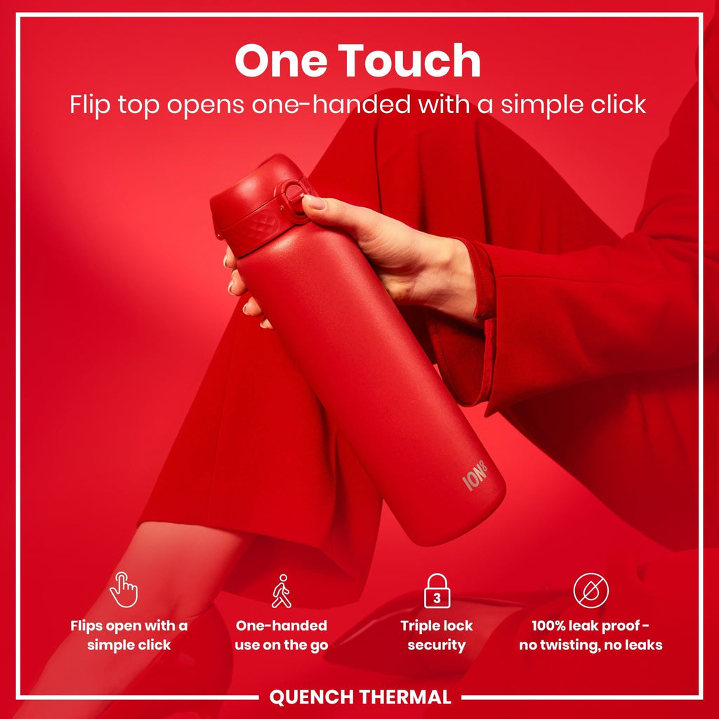 Red ION8 1L insulated thermal water bottle, leak-proof and insulated for hot or cold drinks, shown in a close-up view.