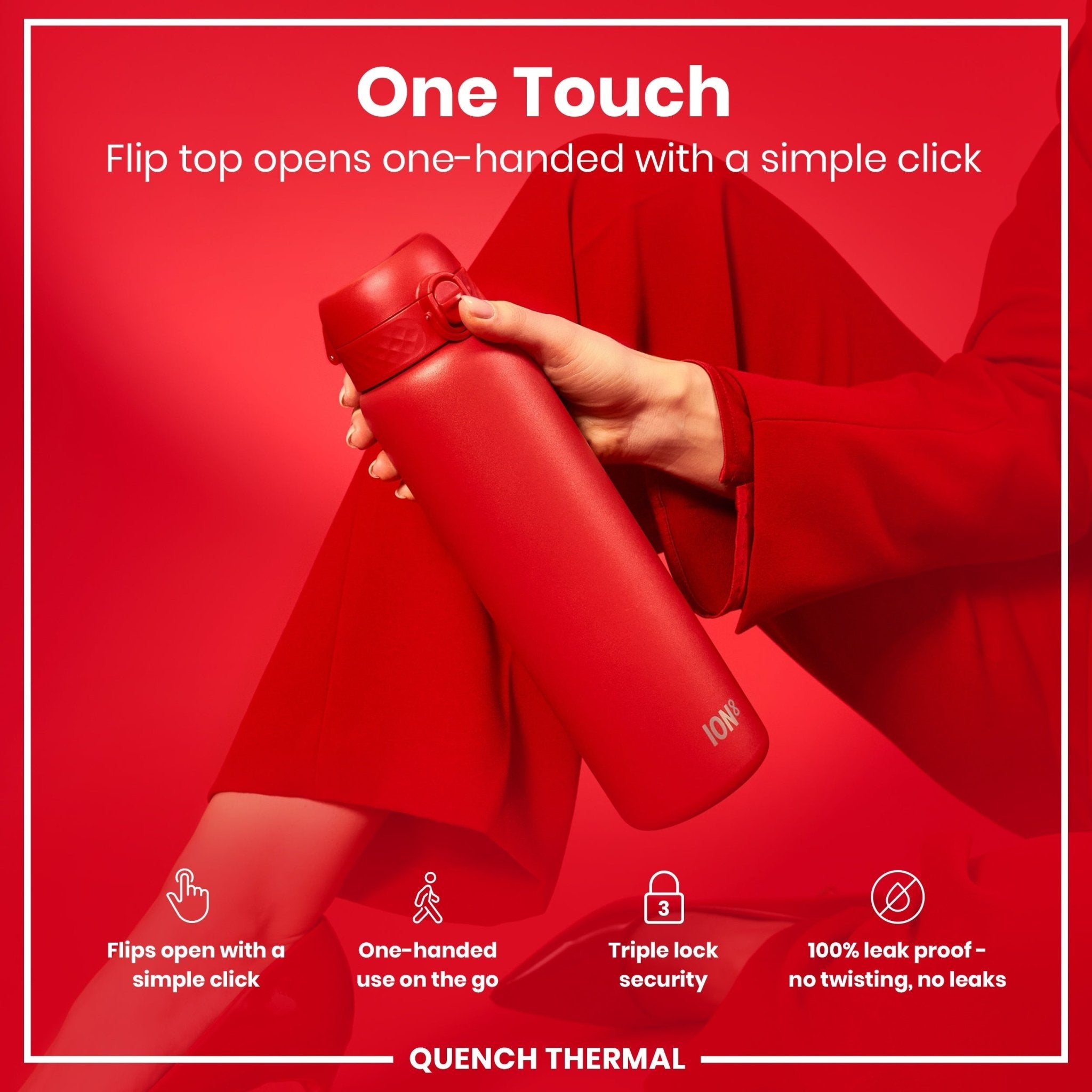Red ION8 1L insulated thermal water bottle, leak-proof and insulated for hot or cold drinks, shown in a close-up view.