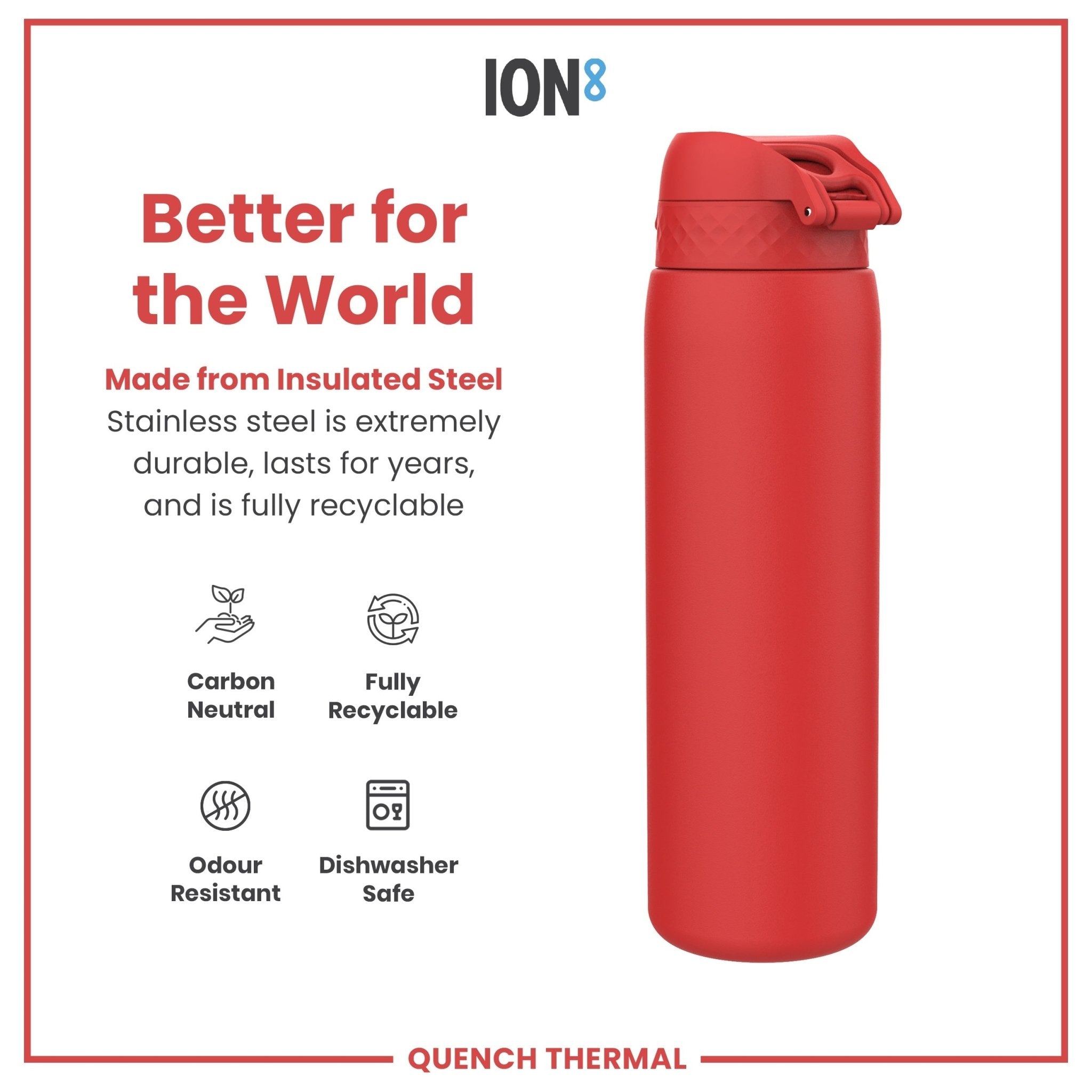 Red 1L ION8 insulated water bottle with leak-proof design and thermal insulation, perfect for keeping drinks hot or cold.