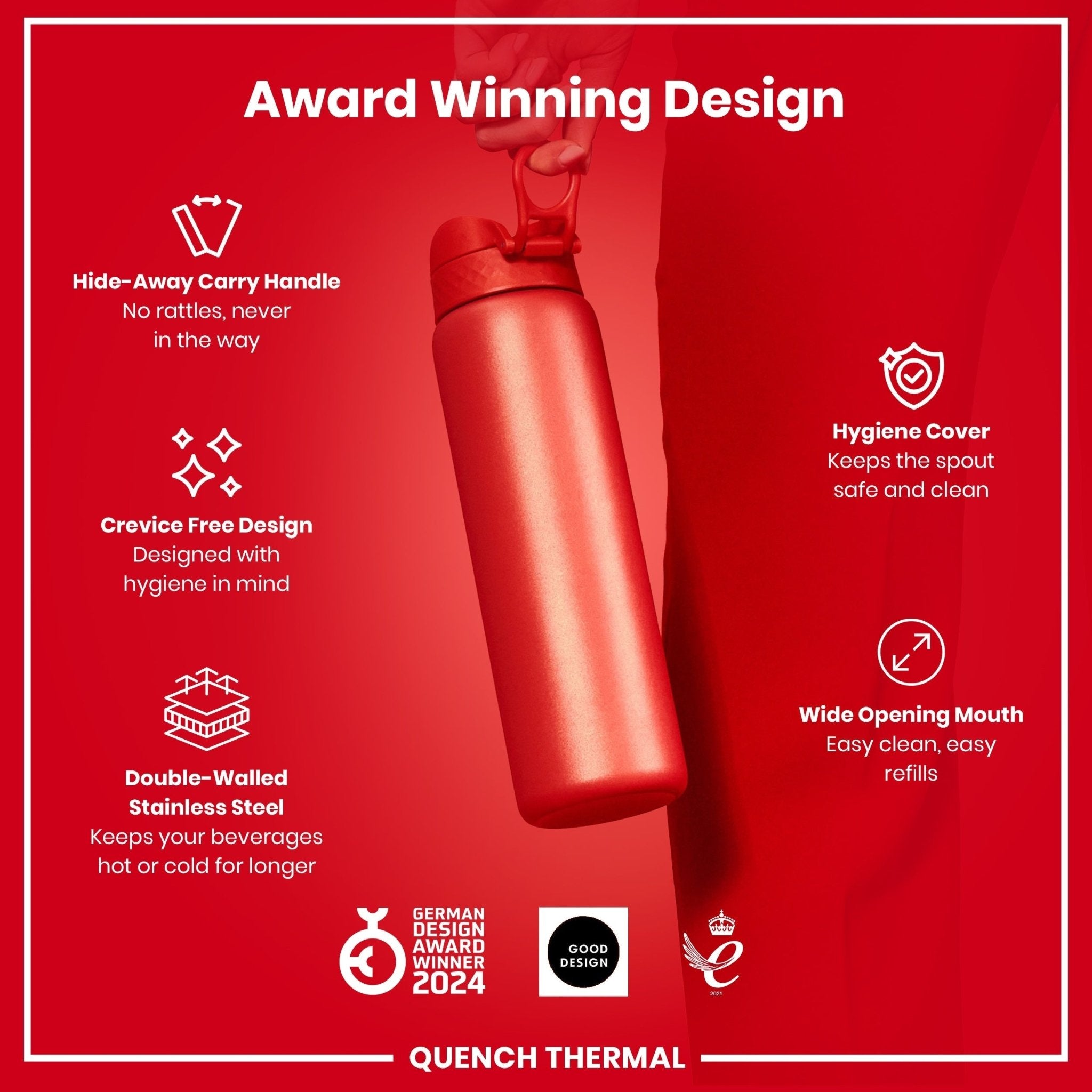 Red ION8 1-liter insulated leak-proof water bottle with thermal insulation, designed for keeping drinks hot or cold.