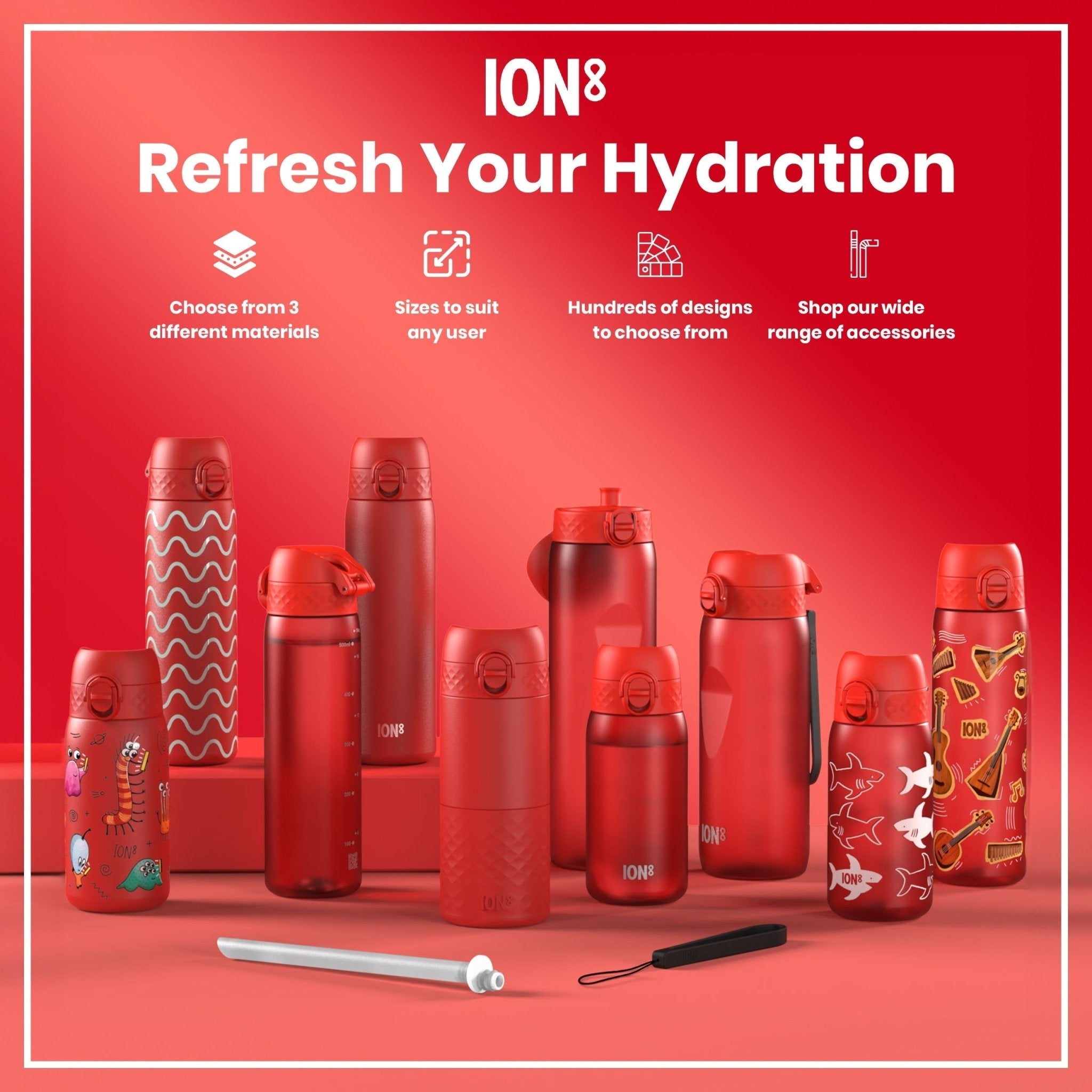 Red ION8 1L insulated water bottle with leak-proof design, thermal insulation, and durable construction.