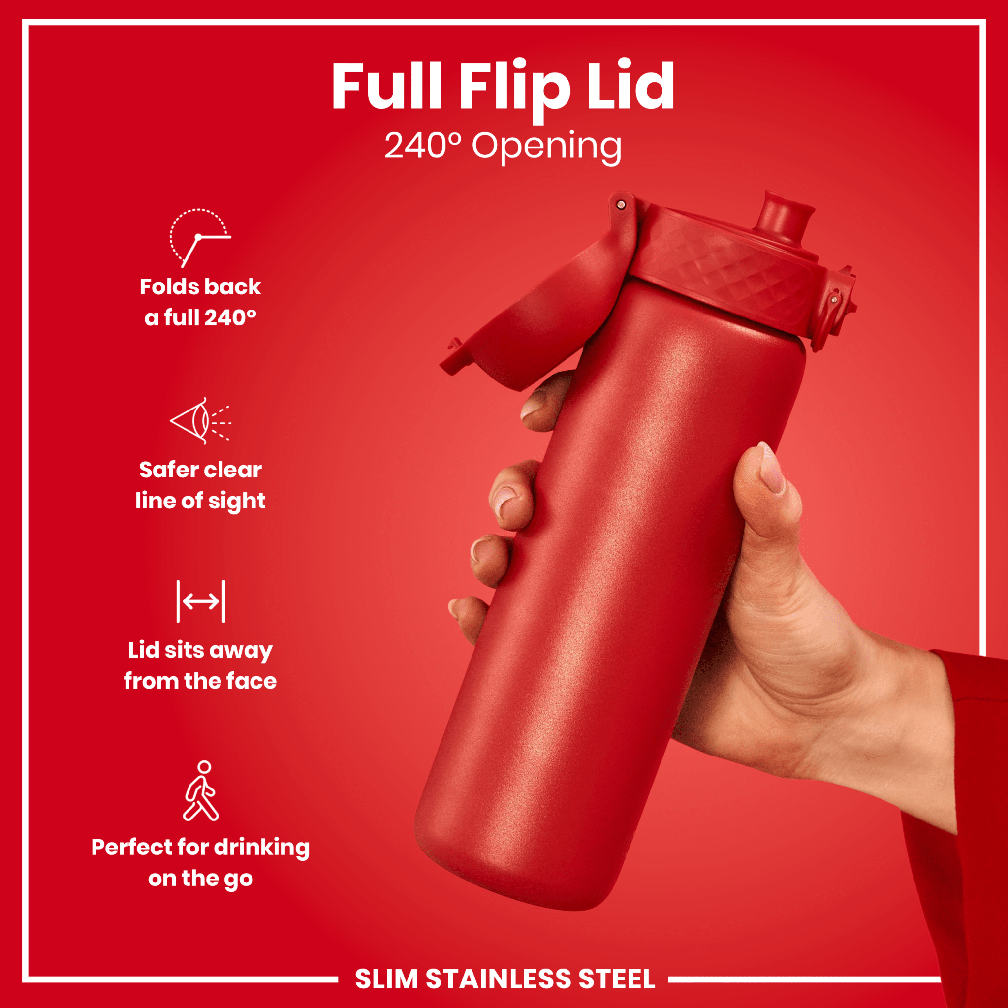 Red 600ml ION8 stainless steel leak-proof slim water bottle with a sleek design and secure lid.