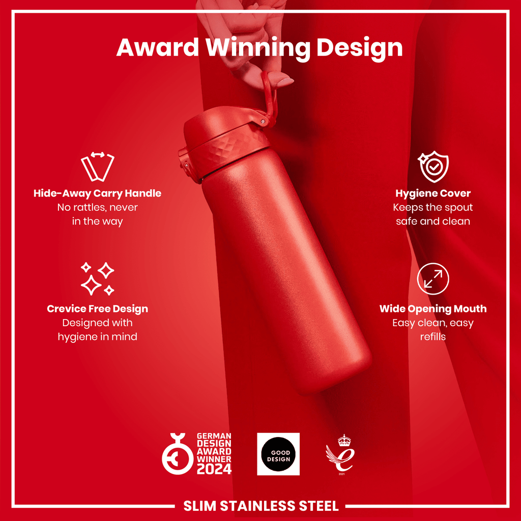 Red ION8 stainless steel leak-proof slim water bottle, 600ml (20oz), with a sleek design and secure cap.