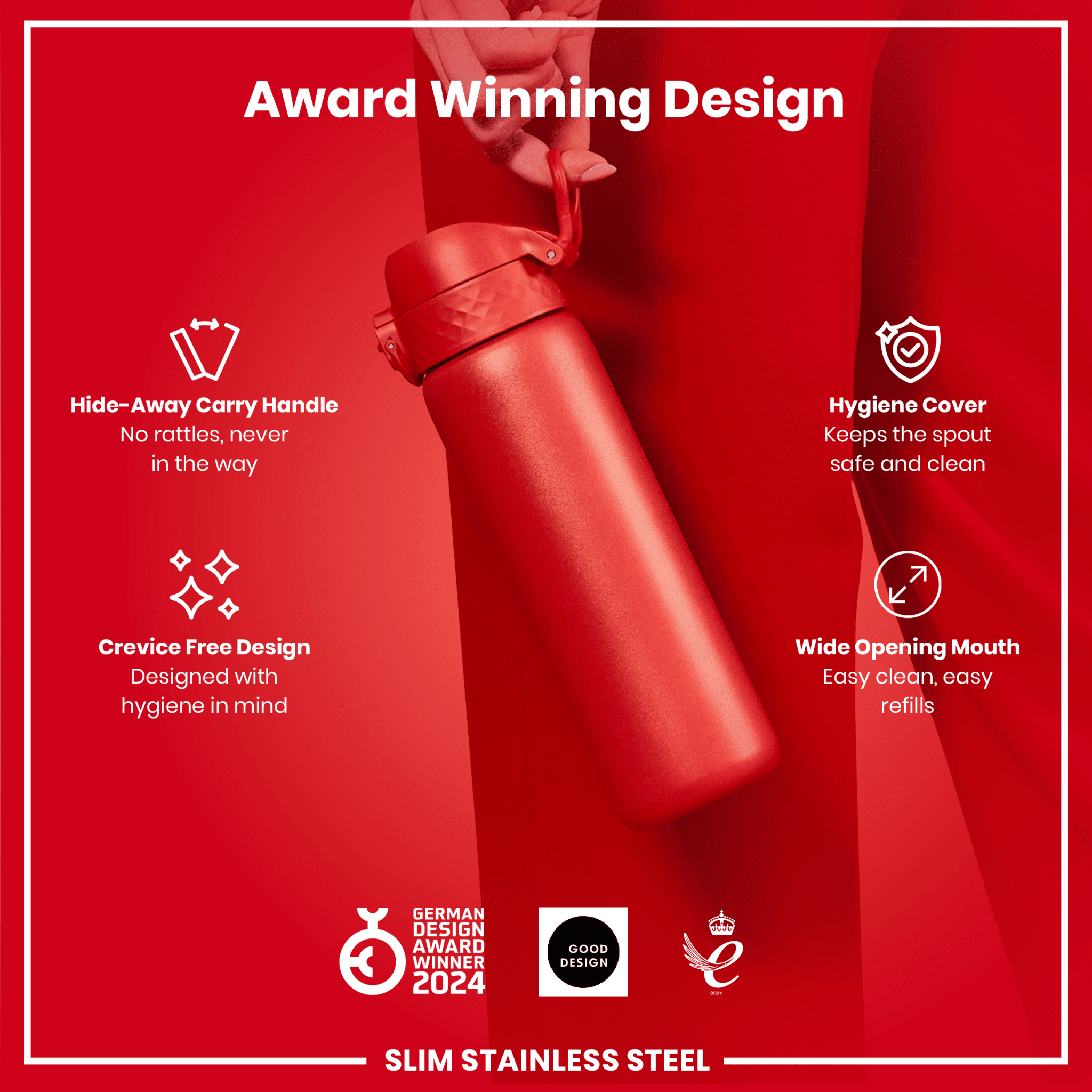 Red ION8 stainless steel leak-proof slim water bottle, 600ml (20oz), with a sleek design and secure cap.
