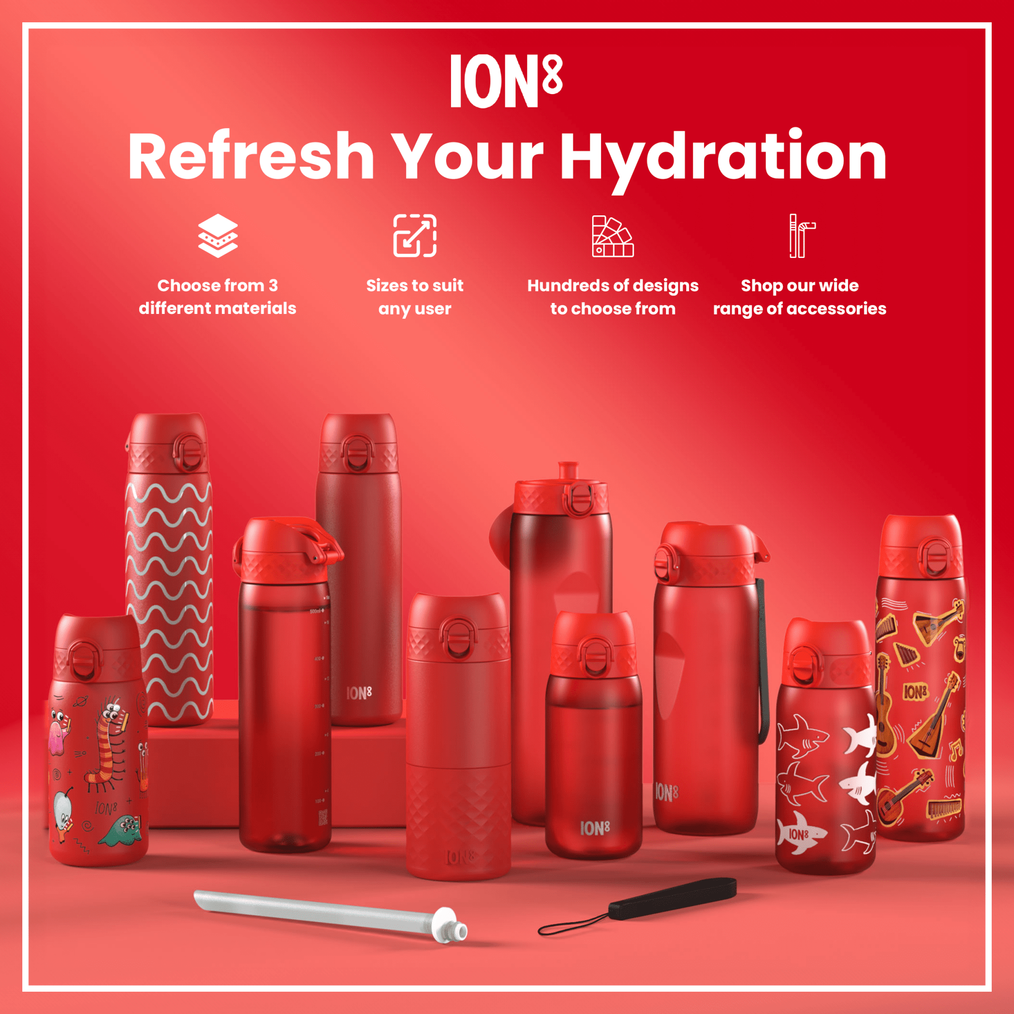 Red stainless steel leak-proof water bottle by ION8, 600ml (20oz), slim design, ideal for staying hydrated on the go.