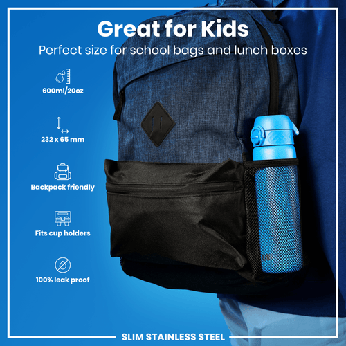 Blue 600ml stainless steel leak-proof water bottle from ION8, slim design, ideal for staying hydrated on the go