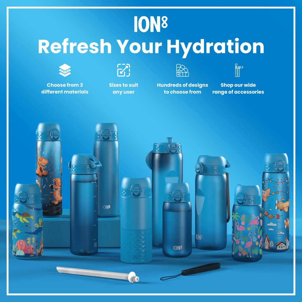 Blue ION8 steel water bottle, 600ml leak-proof slim design, stainless steel construction, ideal for hydration on the go