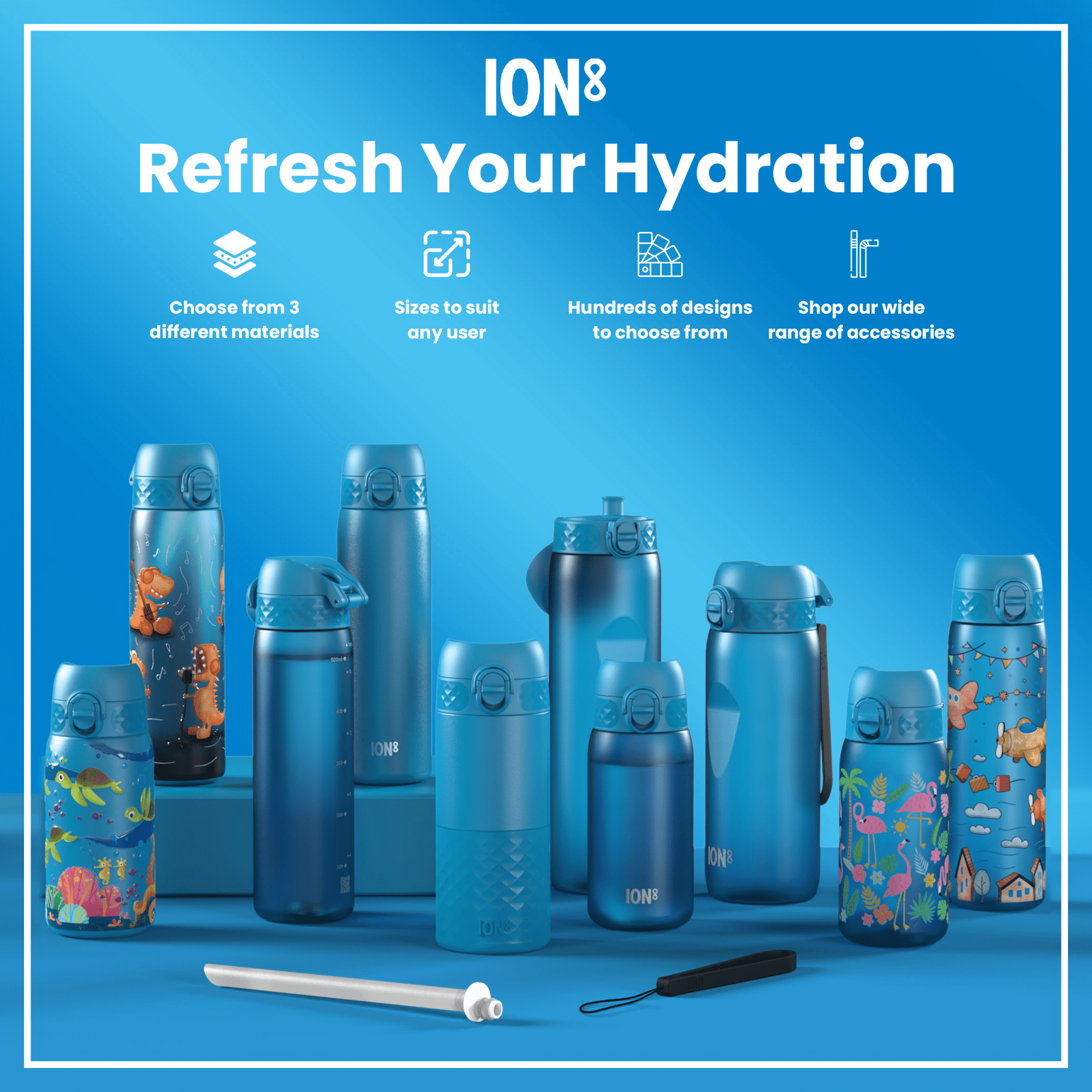 Blue ION8 steel water bottle, 600ml leak-proof slim design, stainless steel construction, ideal for hydration on the go