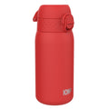 Red stainless steel leak-proof water bottle by ION8 with a 400ml (13oz) capacity, featuring a sleek, durable design.