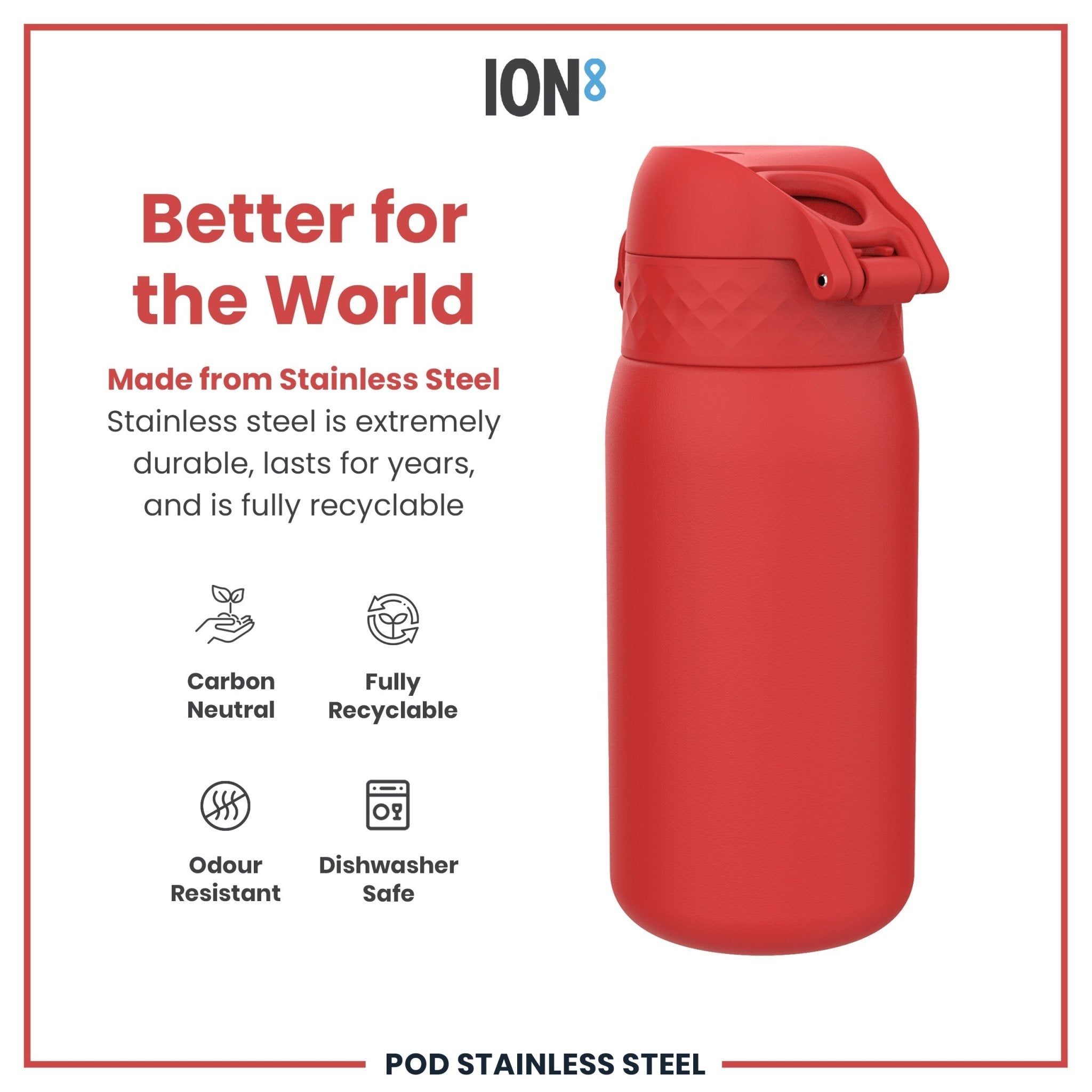 Red stainless steel leak-proof water bottle by ION8, 400ml capacity, durable and designed for secure hydration.