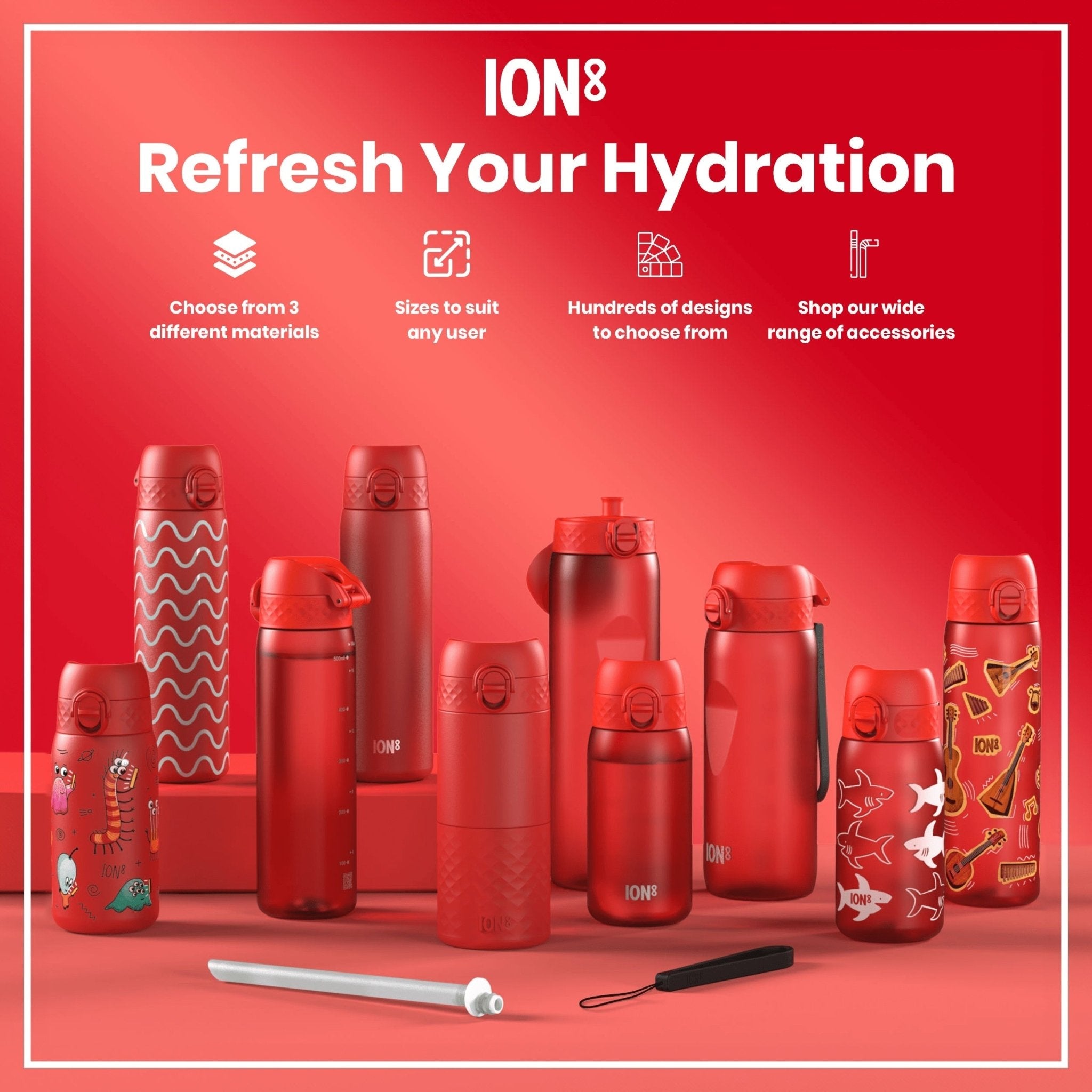 Red stainless steel leak-proof water bottle by ION8, 400ml (13oz) capacity, durable design, suitable for on-the-go hydration.