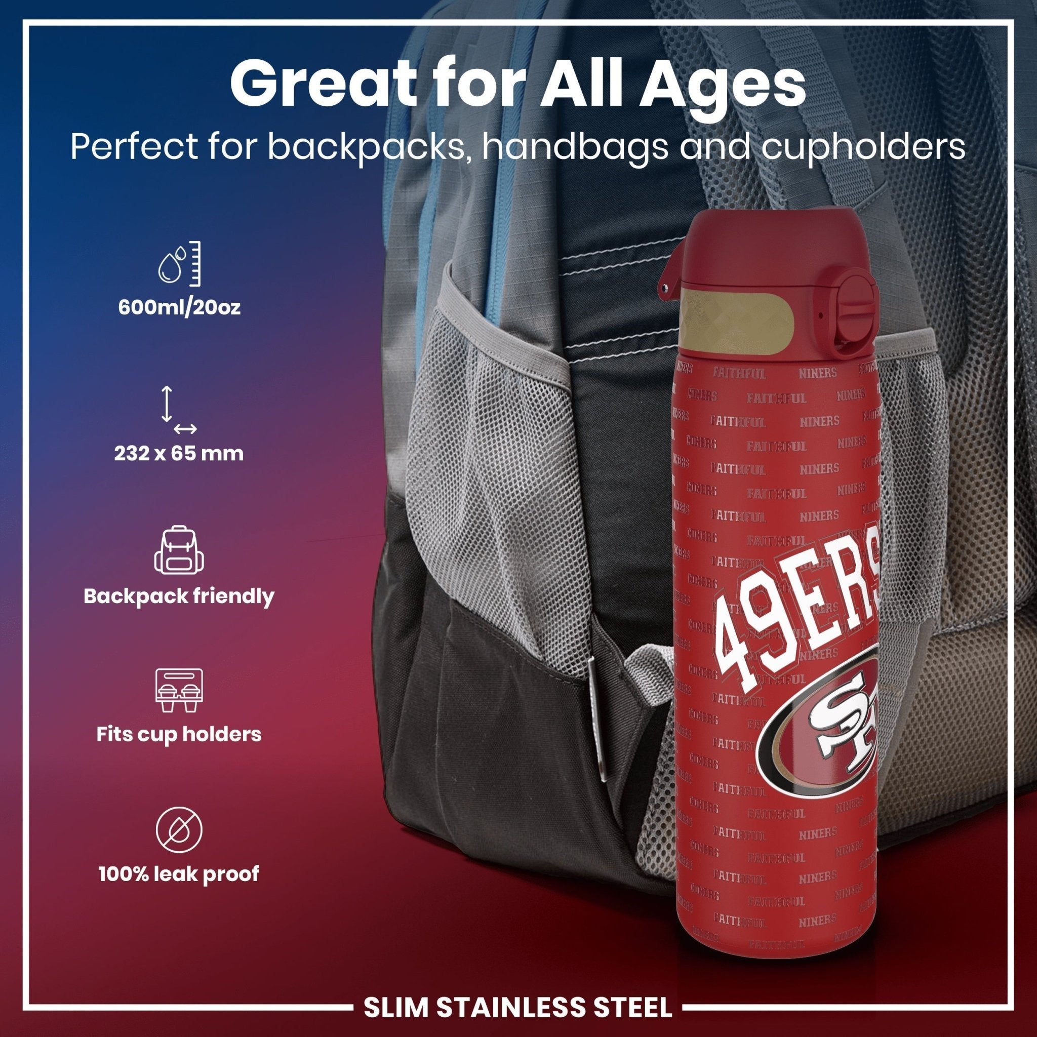 ION8 stainless steel NFL water bottle featuring San Francisco 49ers logo, leak-proof design, 600ml capacity, 20oz.