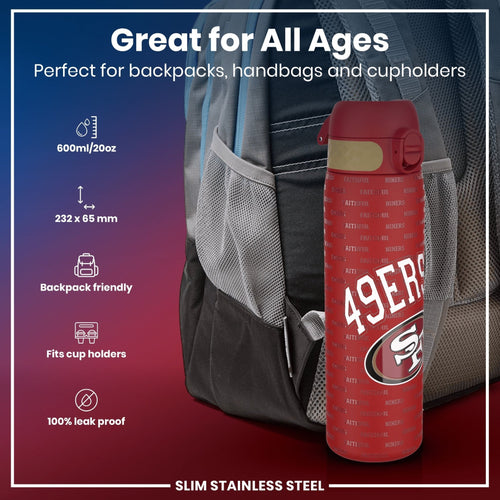 ION8 stainless steel NFL water bottle featuring San Francisco 49ers logo, leak-proof design, 600ml capacity, 20oz.