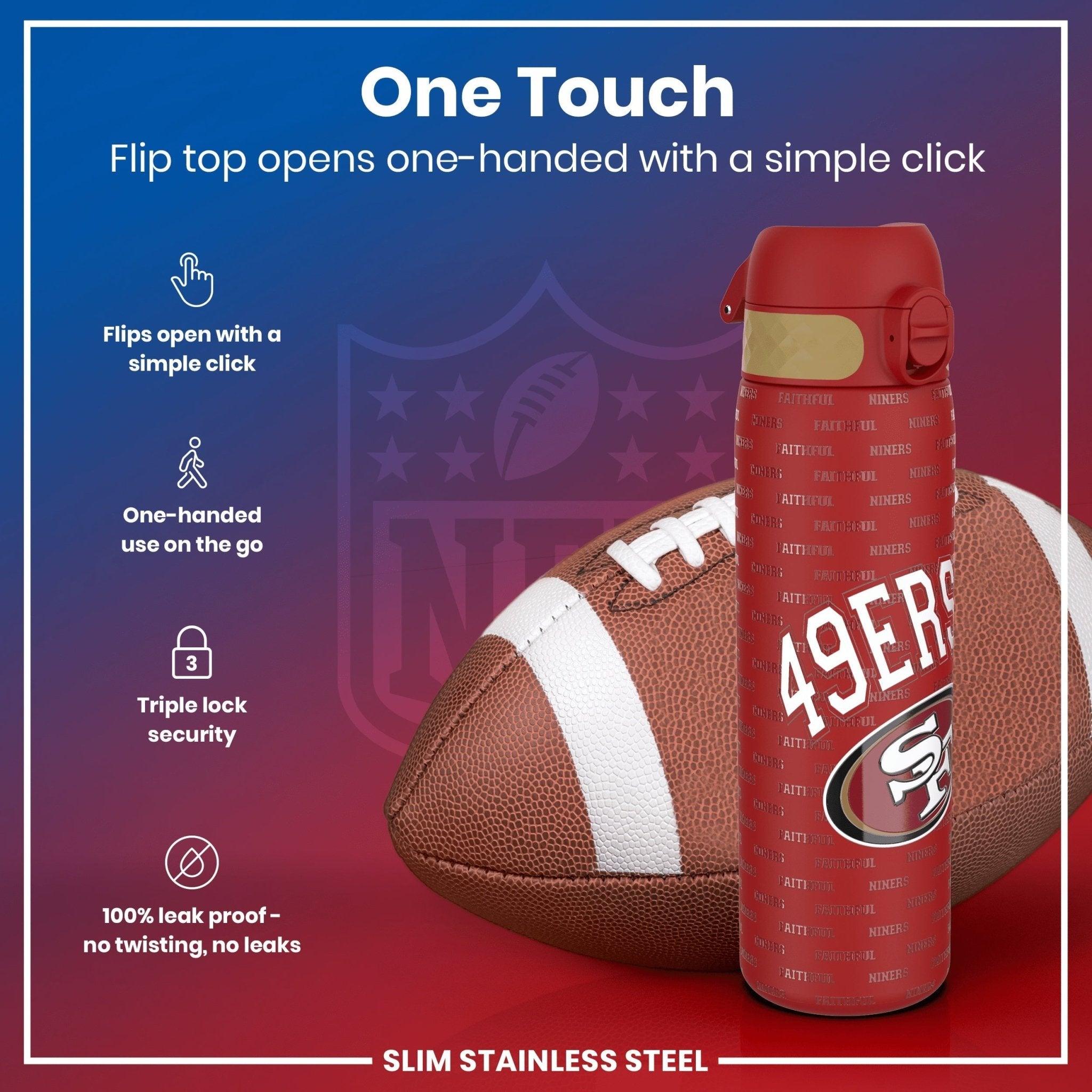 Ion8 stainless steel NFL water bottle featuring San Francisco 49ers logo, leak-proof design, 600ml capacity, 20oz.