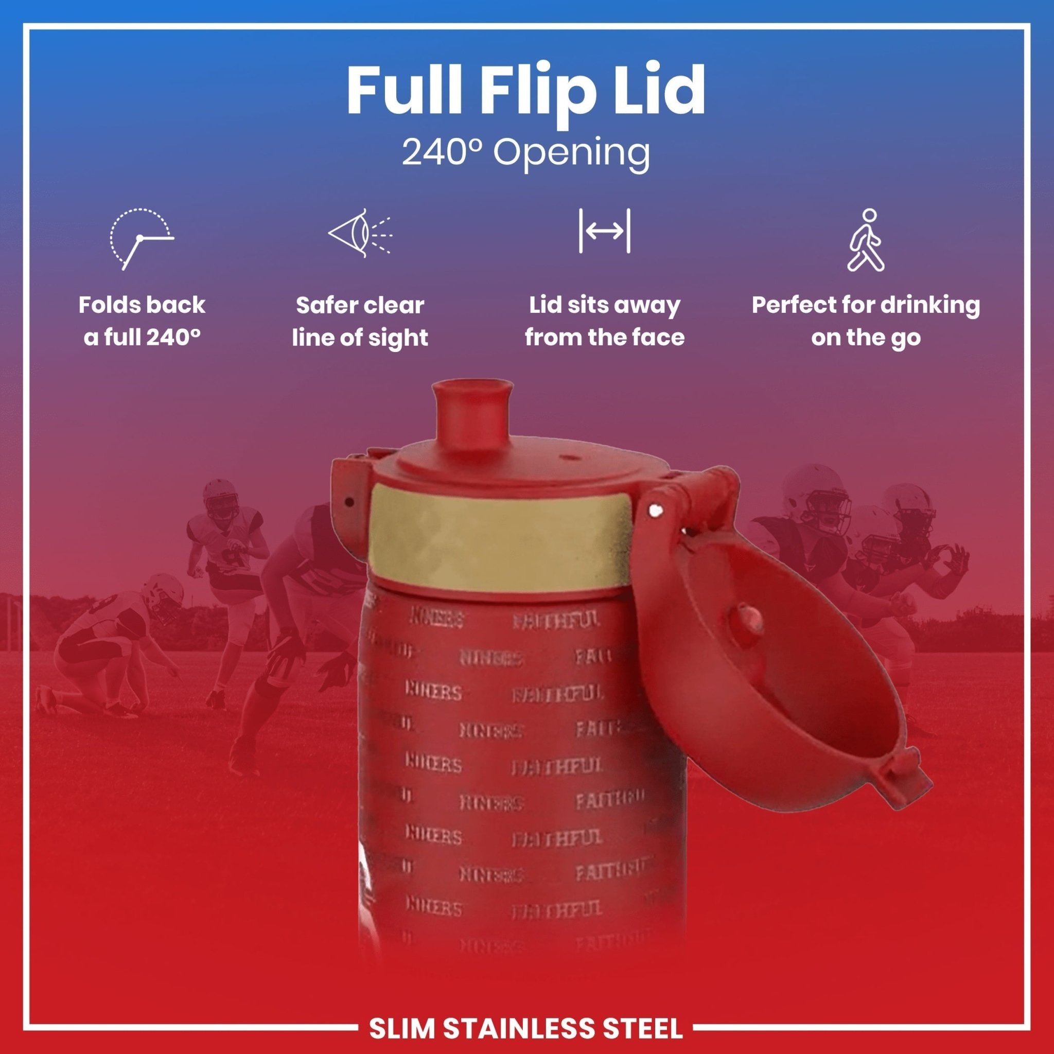 ION8 stainless steel NFL water bottle featuring San Francisco 49ers logo, leak-proof design, 600ml capacity, 20oz.