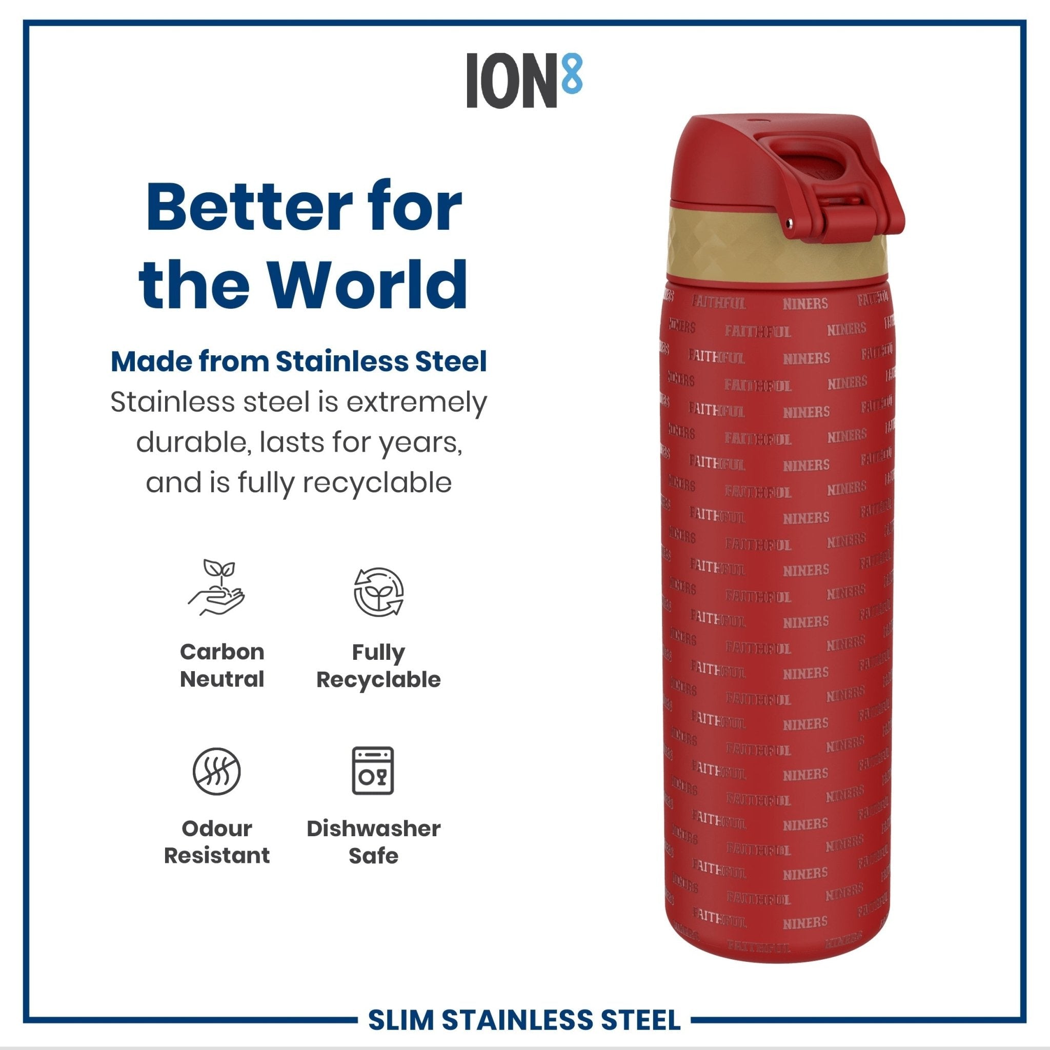 ION8 stainless steel NFL water bottle featuring San Francisco 49ers logo, leak-proof design, 600ml capacity, 20oz size.