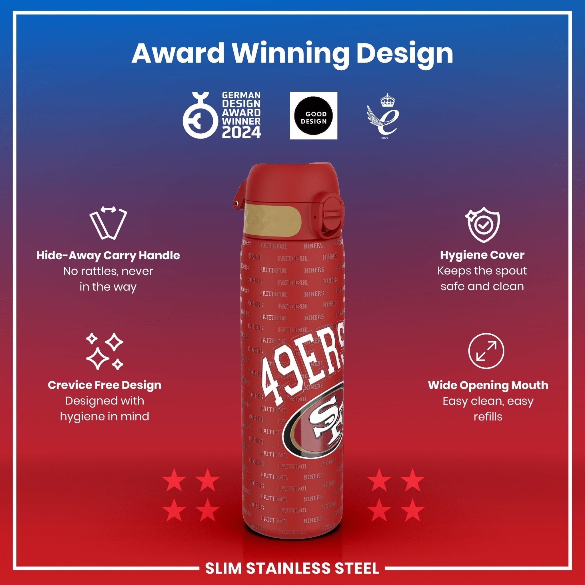 Ion8 stainless steel NFL water bottle featuring San Francisco 49ers logo, leak-proof design, 20oz capacity, durable for sports and travel