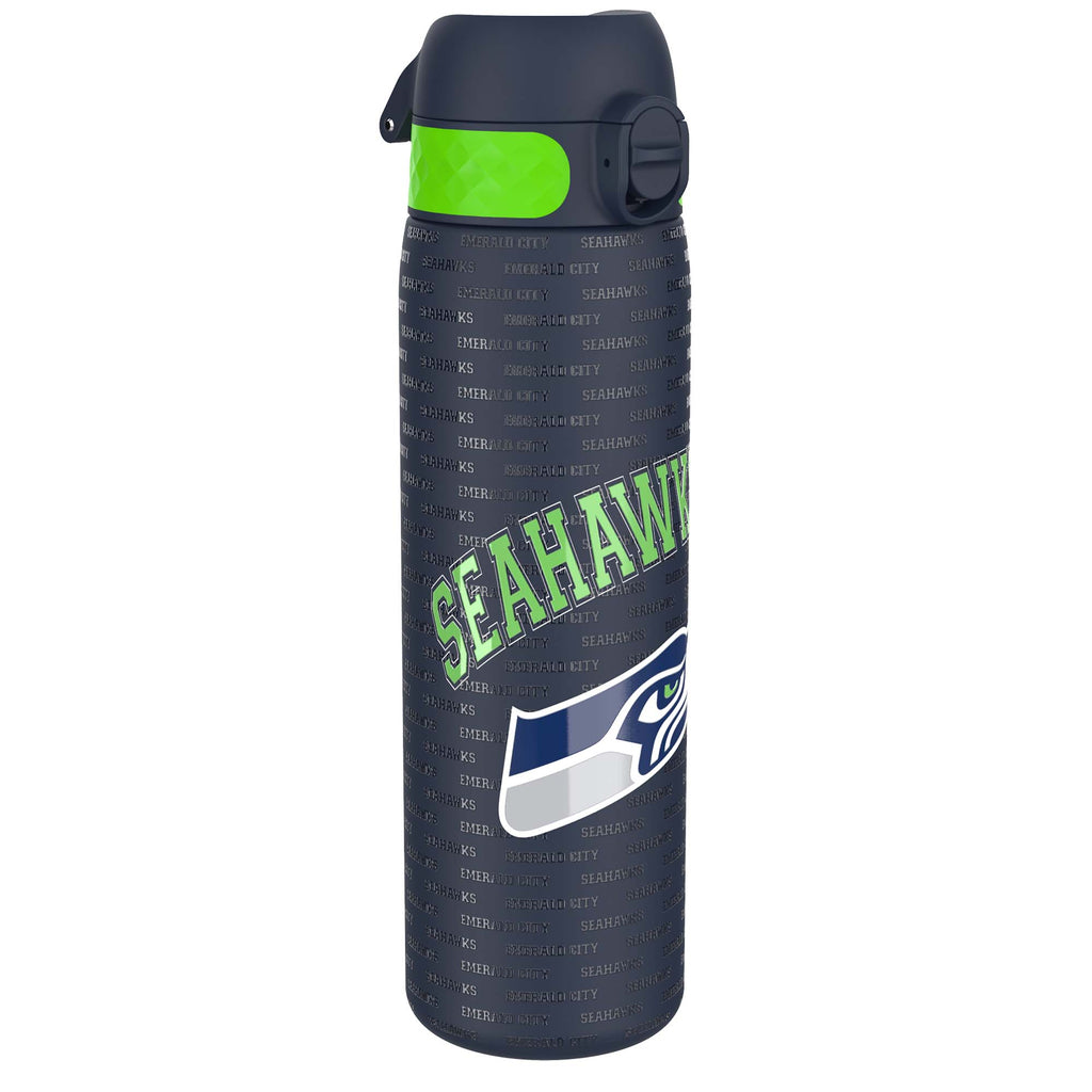 ION8 stainless steel NFL water bottle featuring Seattle Seahawks logo, leak-proof design, 600ml capacity, 20oz sports water bottle