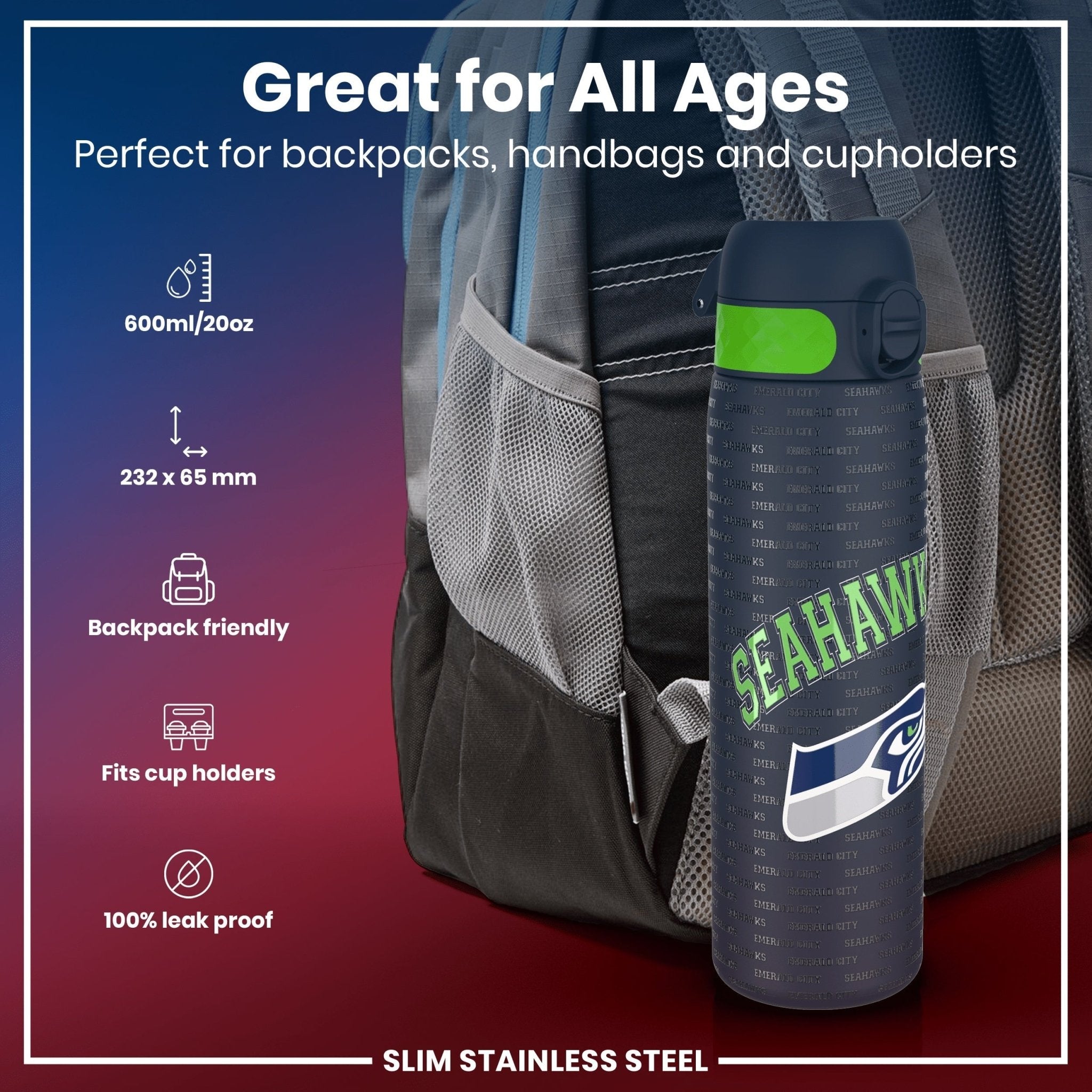 Ion8 stainless steel NFL water bottle featuring Seattle Seahawks team logo, leak-proof design, 600ml capacity, durable water bottle.