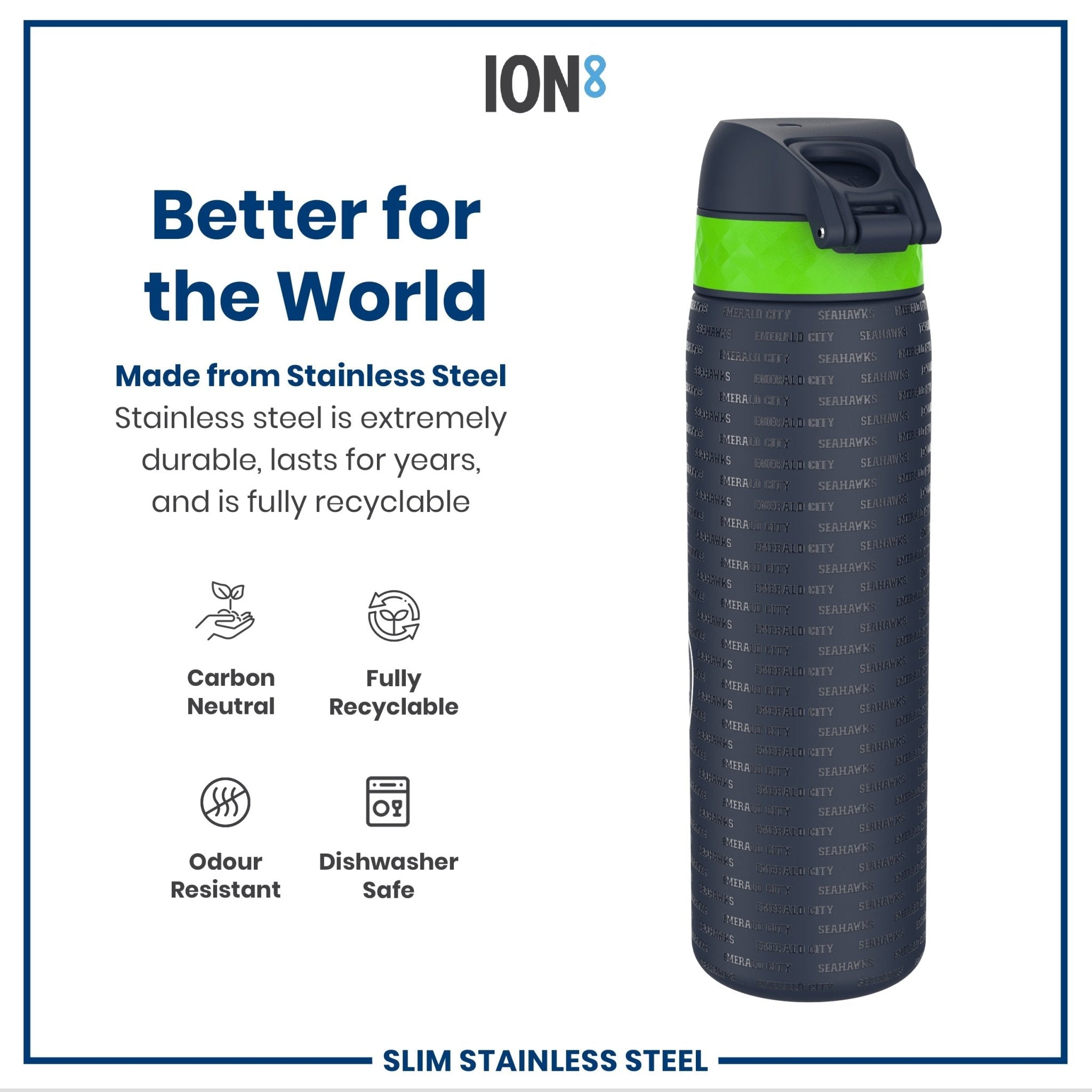 ION8 stainless steel NFL water bottle with Seattle Seahawks logo, leak-proof 600ml (20oz) sports water bottle for fans