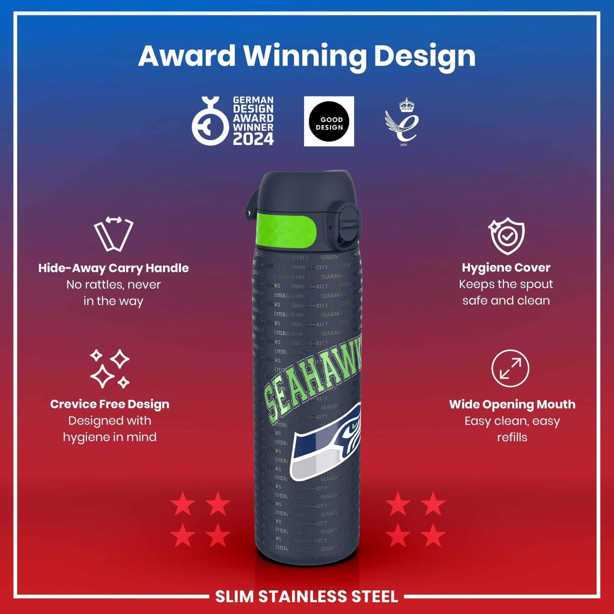 Ion8 leak-proof NFL water bottle in stainless steel featuring Seattle Seahawks logo, 600ml (20oz) capacity.