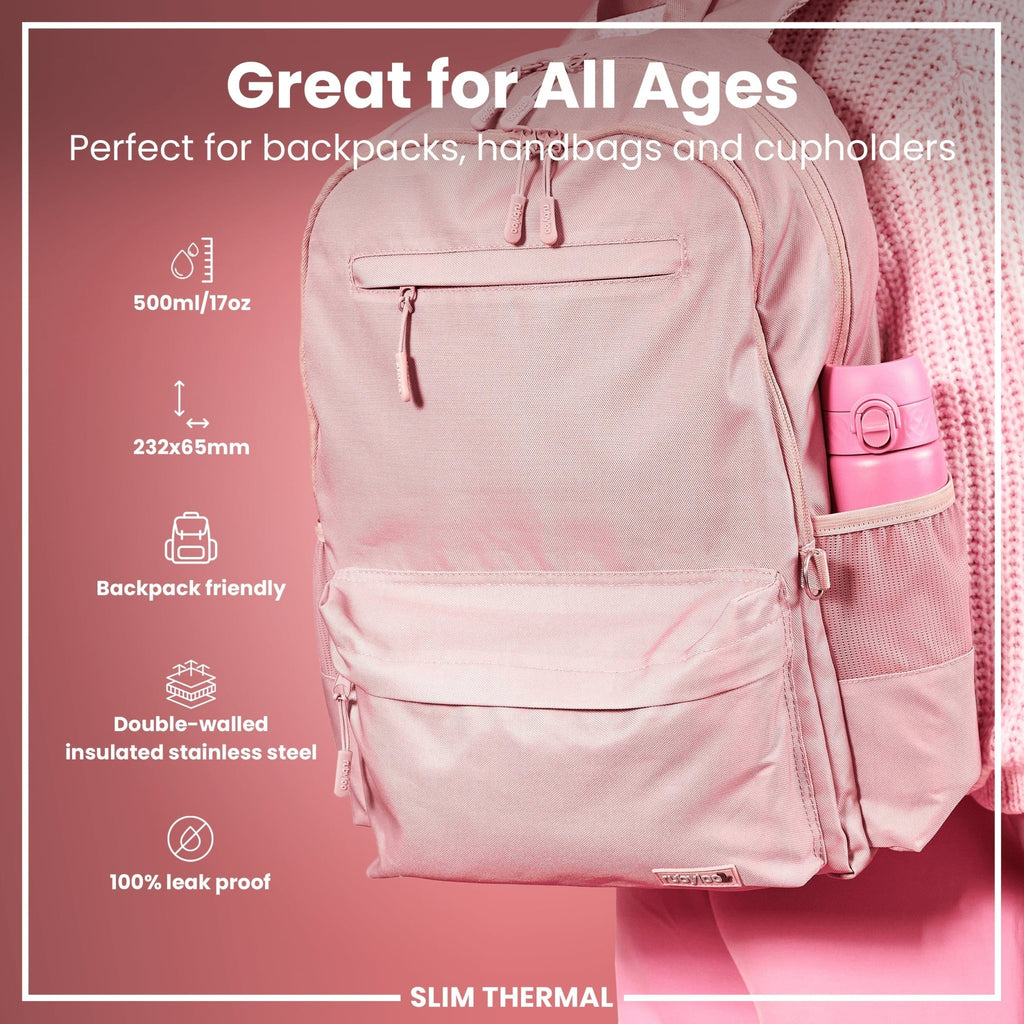 ION8 leak-proof slim thermal steel water bottle in rose bloom, 500ml insulated water bottle with a sleek design.