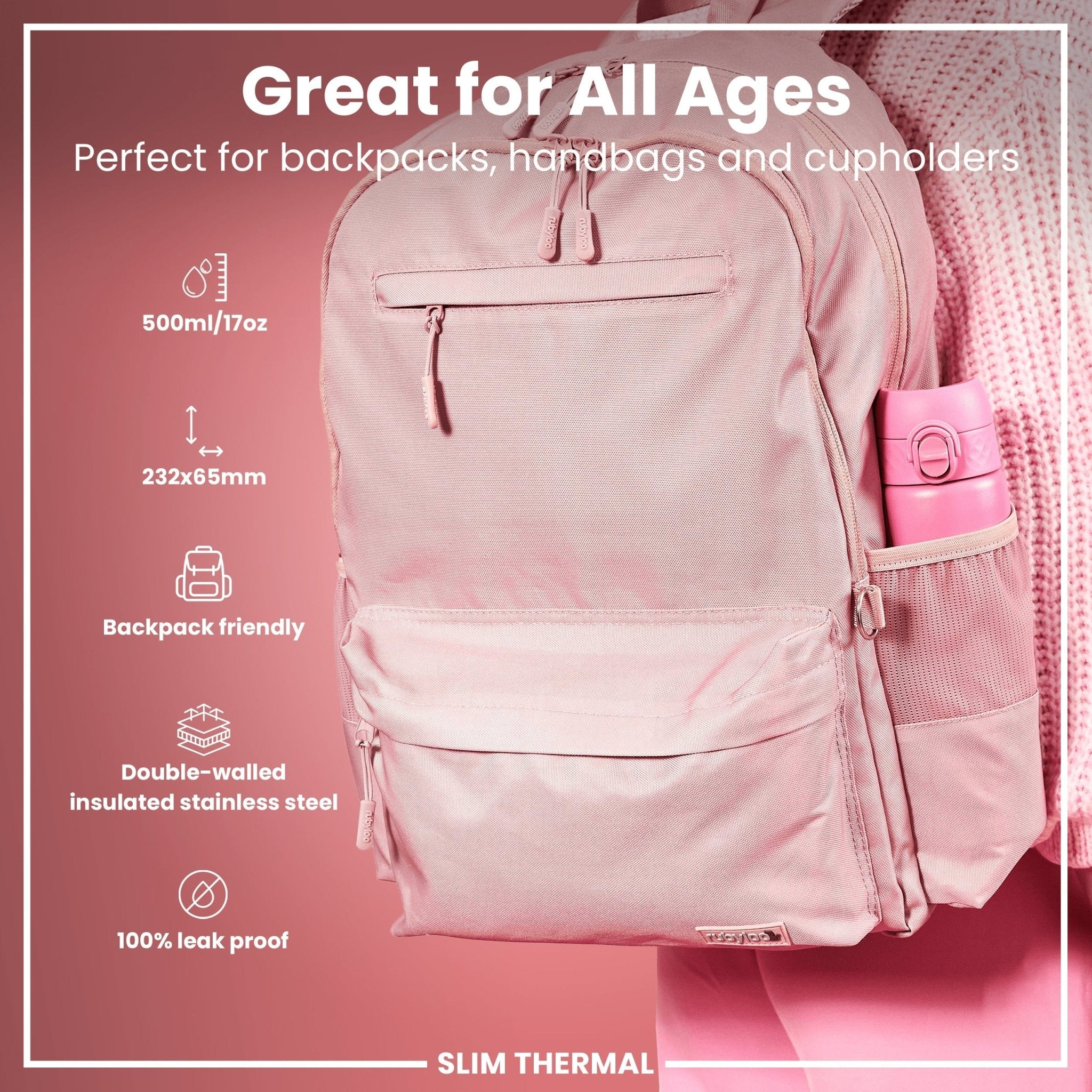 ION8 leak-proof slim thermal steel water bottle in rose bloom, 500ml insulated water bottle with a sleek design.