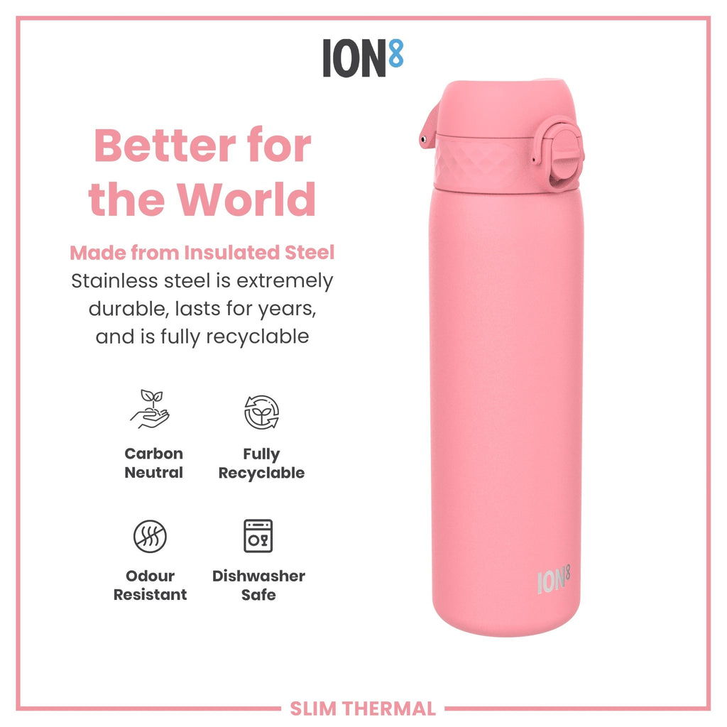 ION8 leak-proof slim thermal steel water bottle with rose bloom design, insulated 500ml (17oz) for hot and cold beverages.