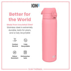 ION8 leak-proof slim thermal steel water bottle with rose bloom design, insulated 500ml (17oz) for hot and cold beverages.