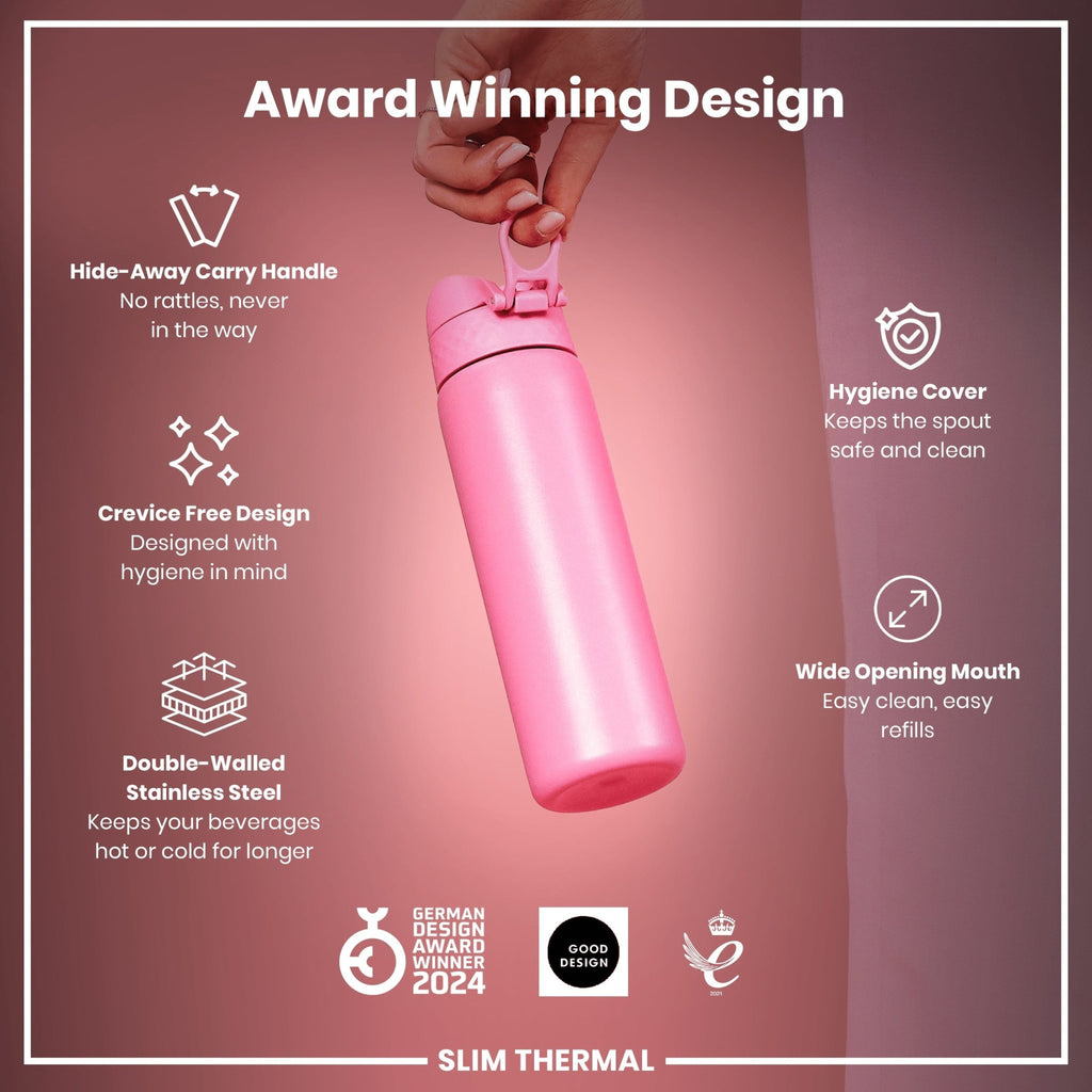 ION8 leak-proof slim thermal steel water bottle in Rose Bloom color, 500ml insulated design with a sleek, modern look.