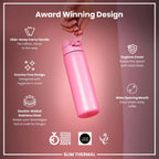 ION8 leak-proof slim thermal steel water bottle in Rose Bloom color, 500ml insulated design with a sleek, modern look.