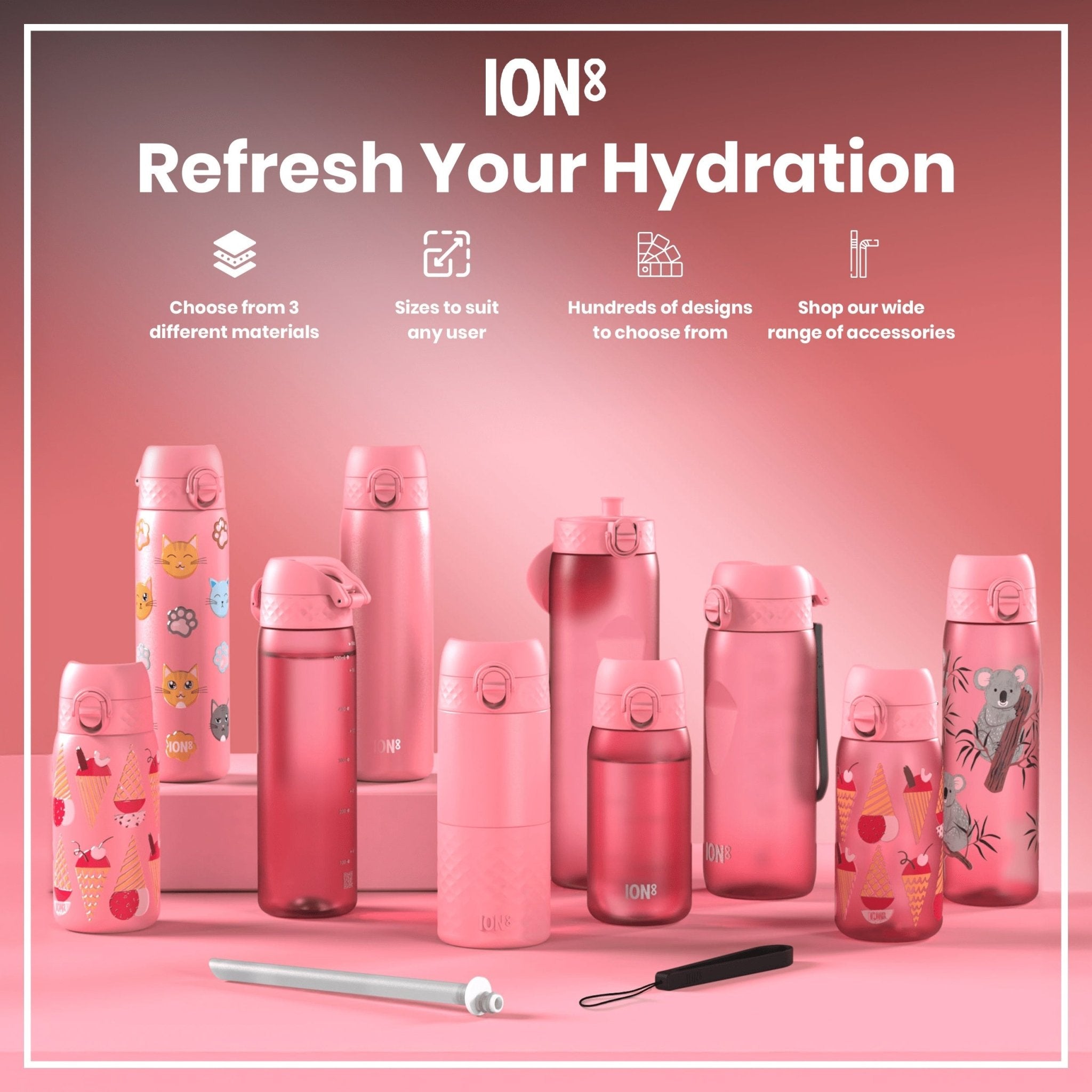 Ion8 leak-proof slim thermal steel water bottle in rose bloom, insulated 500ml water bottle with a sleek design.