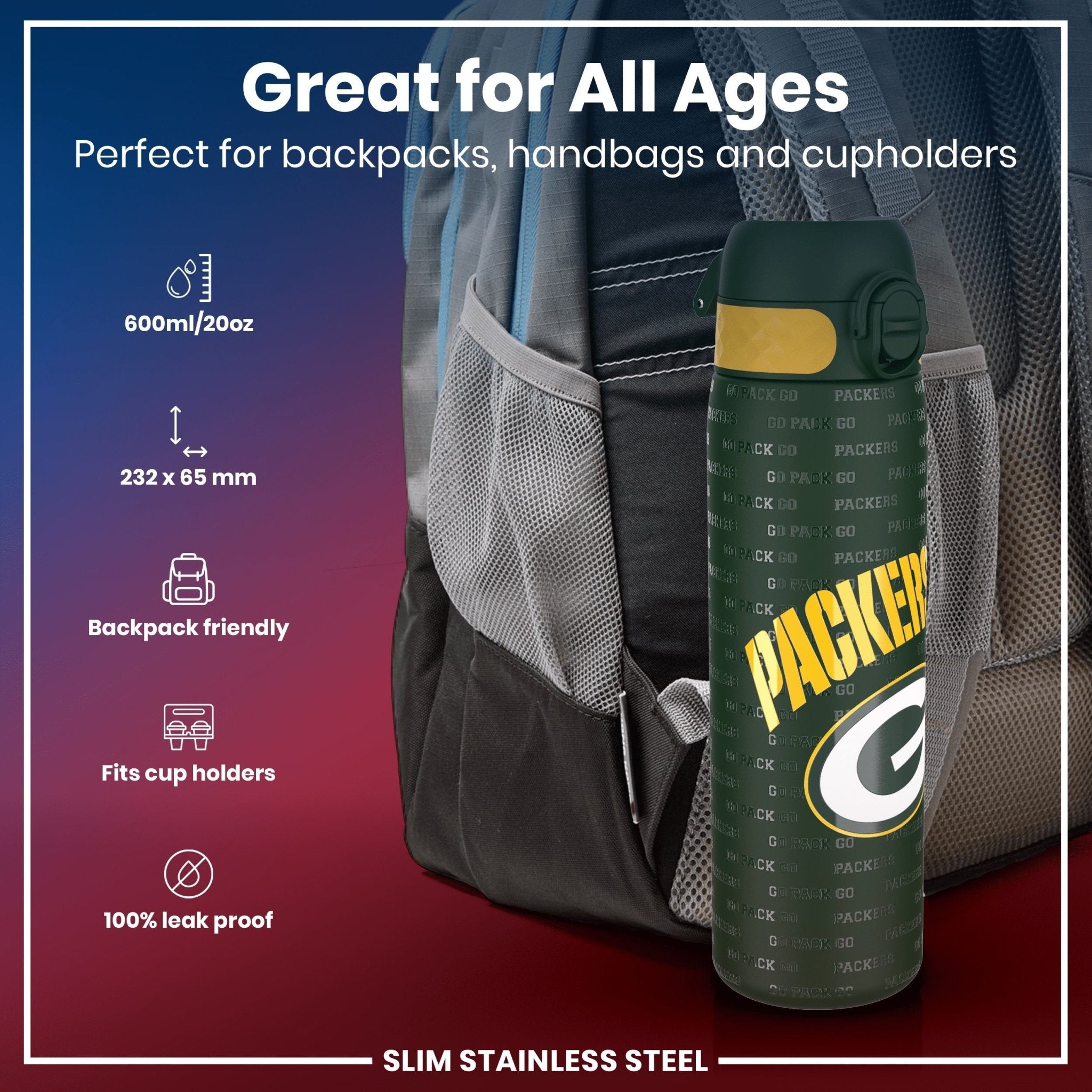 ION8 stainless steel NFL water bottle featuring Green Bay Packers logo, 600ml leak-proof design, ideal for sports and outdoor use.