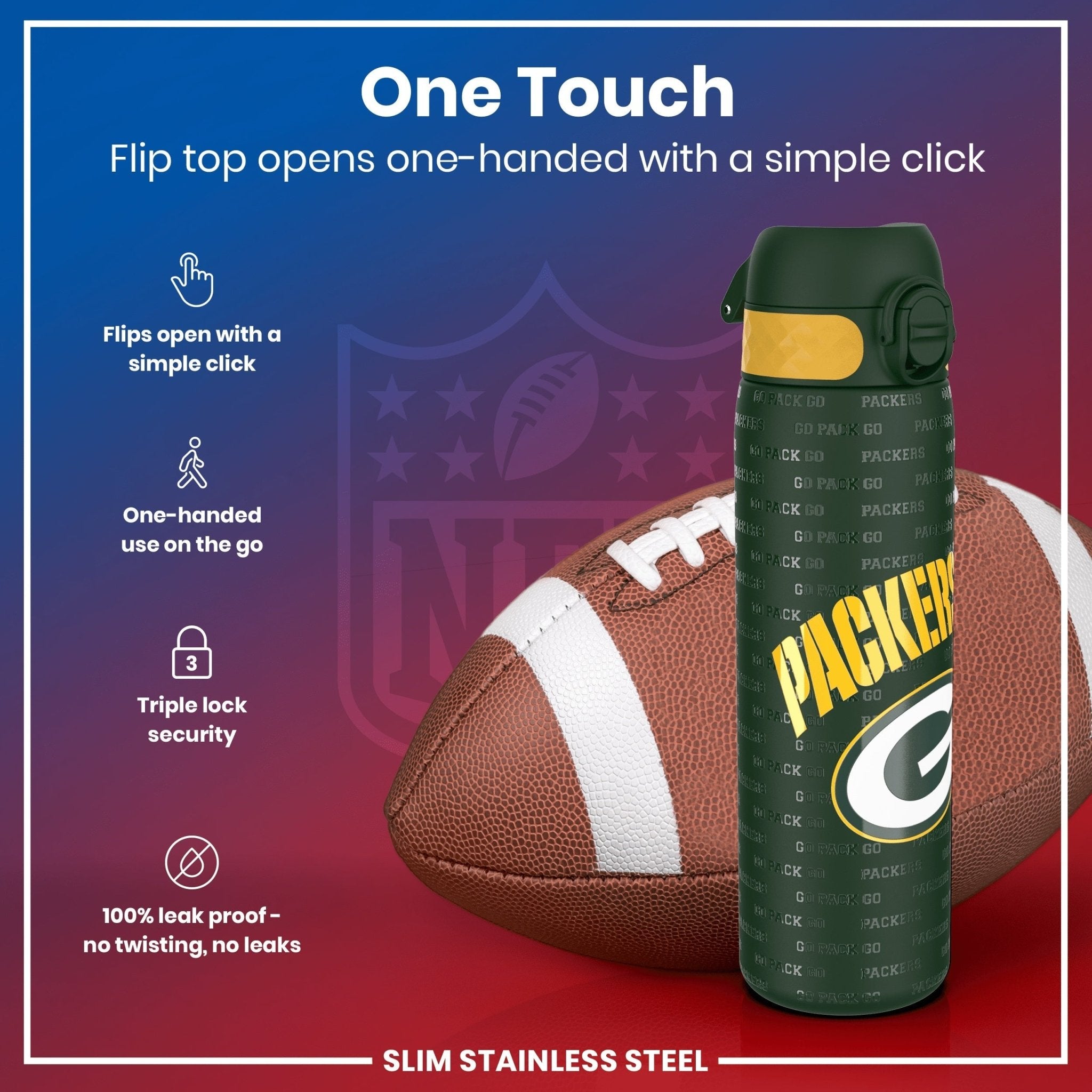 Ion8 stainless steel NFL water bottle in green with leak-proof design, 600ml capacity, featuring Green Bay Packers logo.