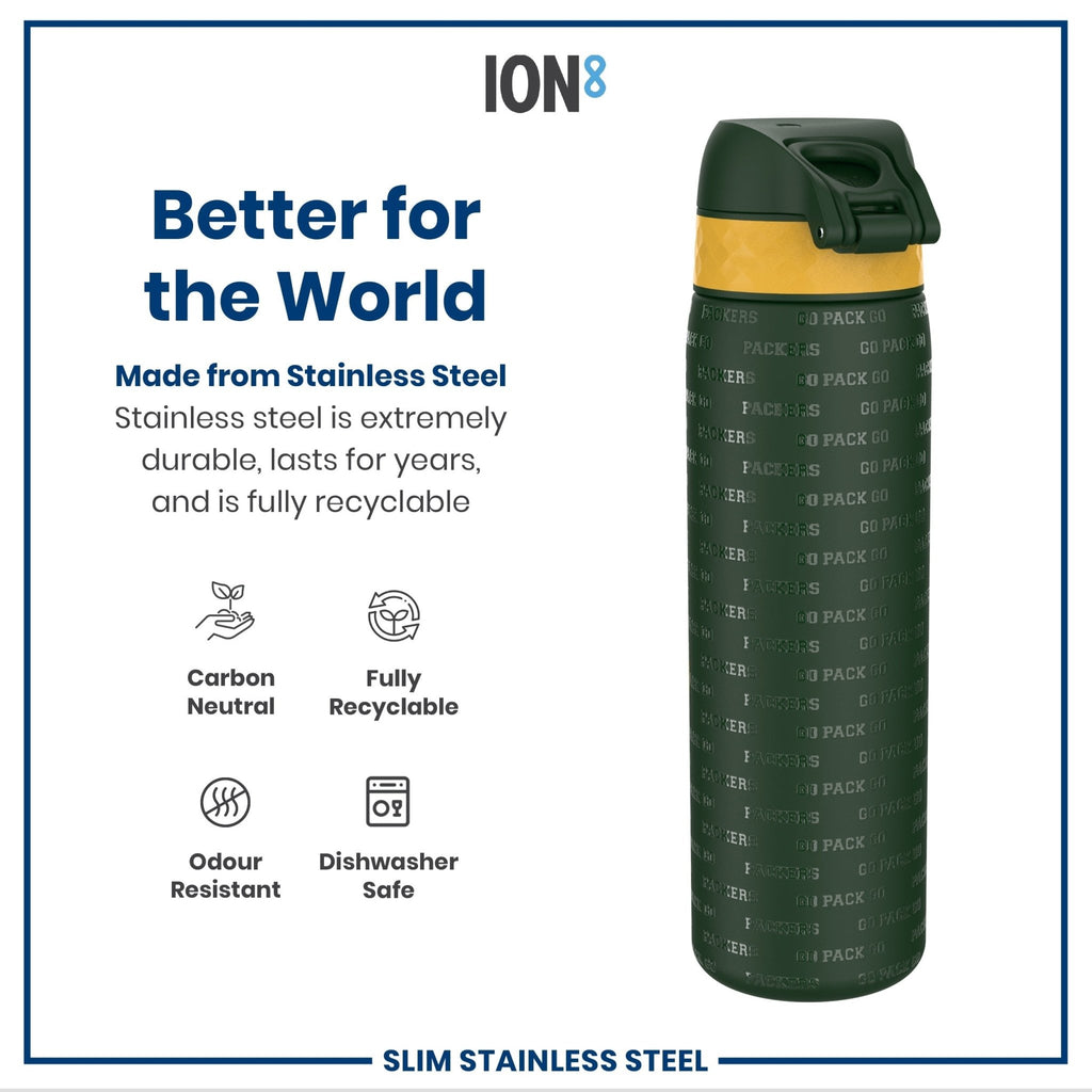 Stainless steel Leak Proof NFL Green Bay Packers water bottle, 600ml (20oz), ION8 brand, with green design and secure lid.
