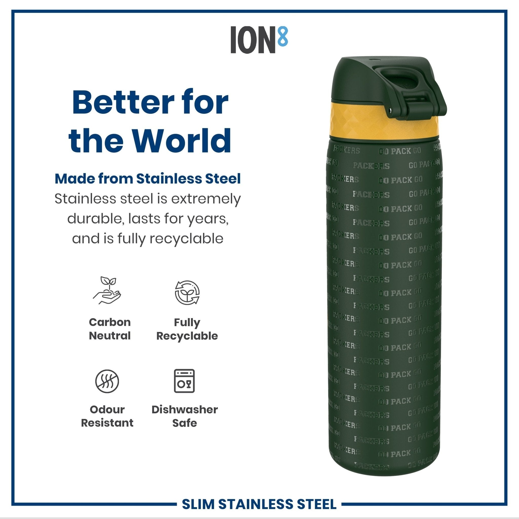 Stainless steel Leak Proof NFL Green Bay Packers water bottle, 600ml (20oz), ION8 brand, with green design and secure lid.