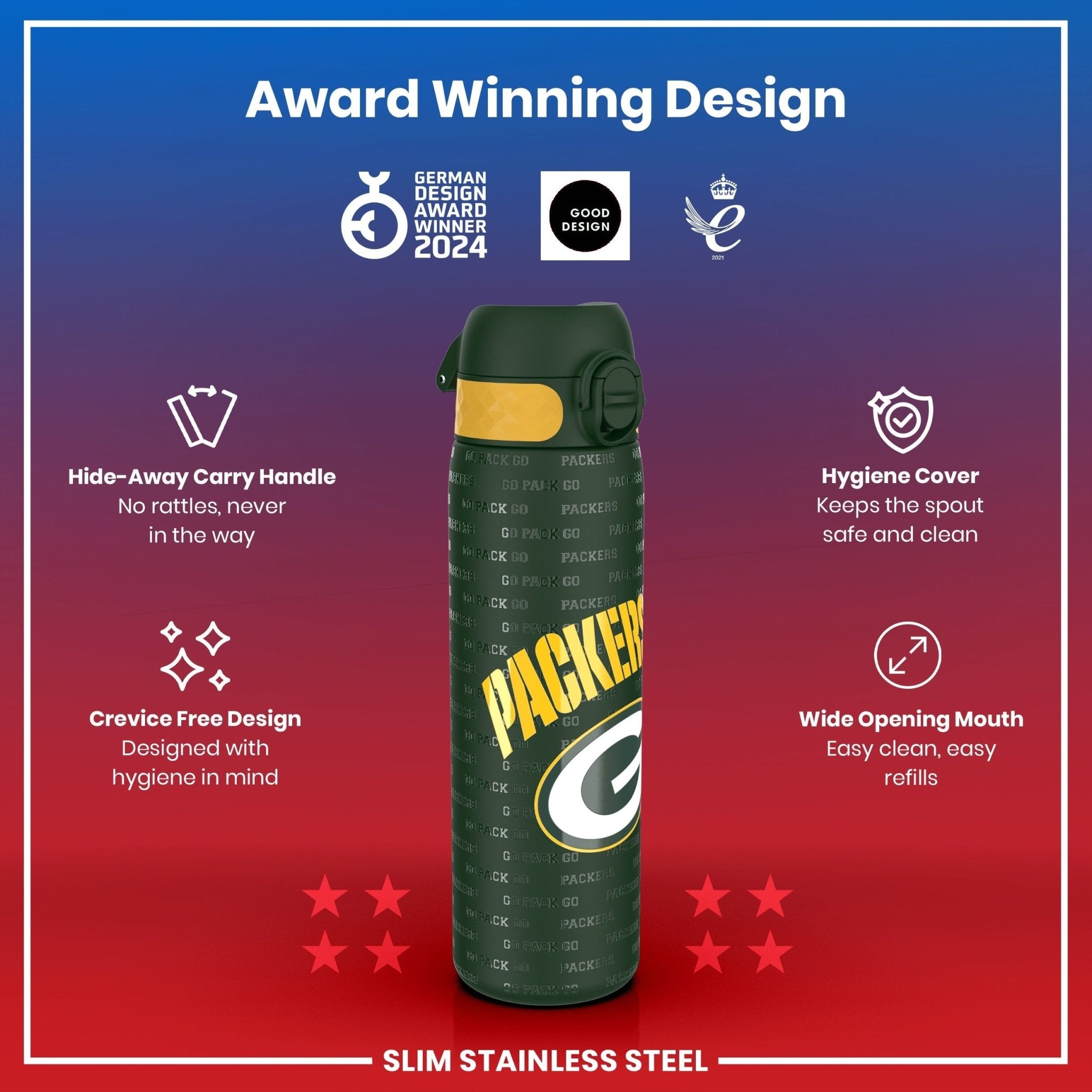 ION8 stainless steel leak-proof NFL water bottle in green Bay Packers logo, 600ml (20oz) capacity, durable sports water bottle