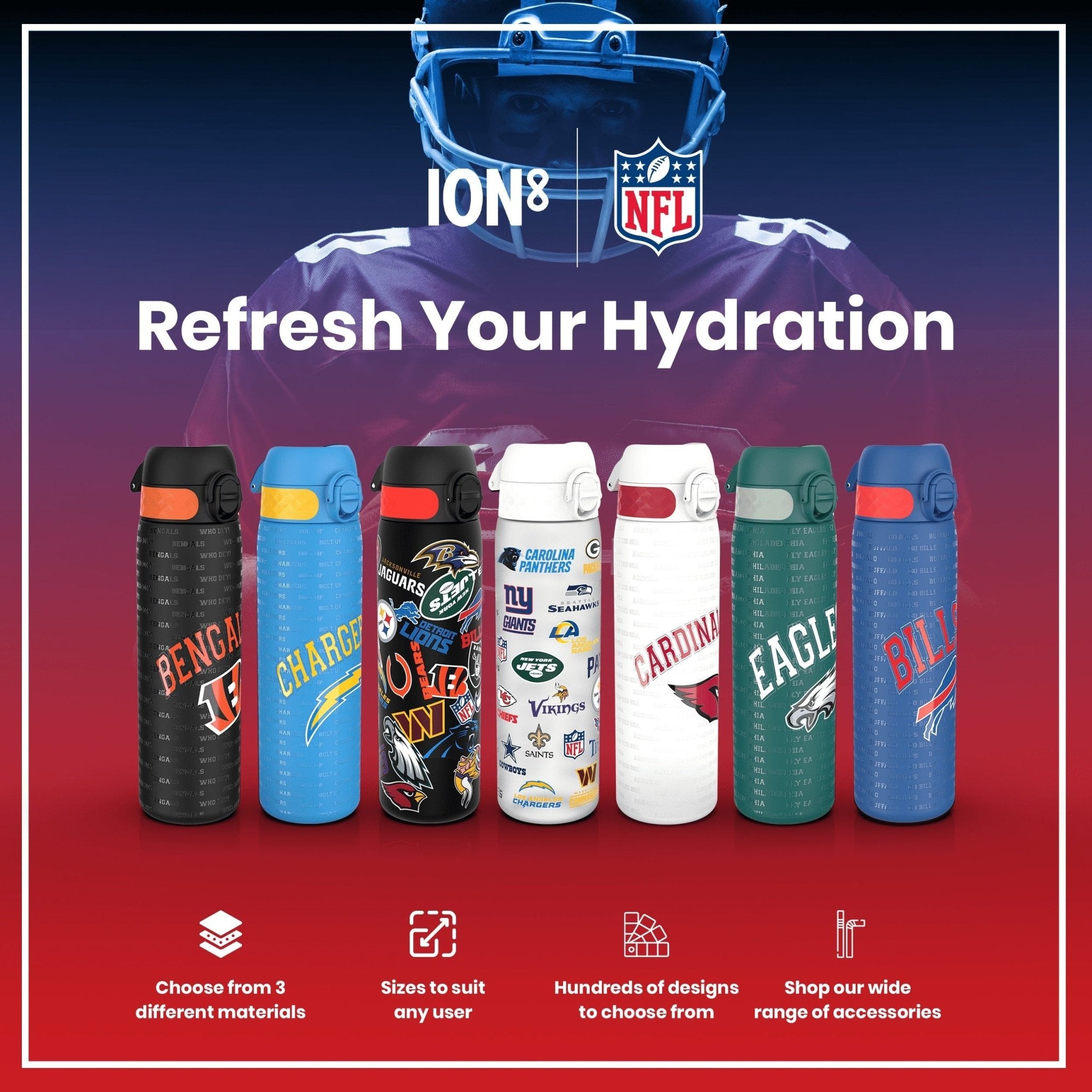 ION8 stainless steel NFL water bottle in green with leak-proof design, 600ml capacity featuring Green Bay Packers logo.