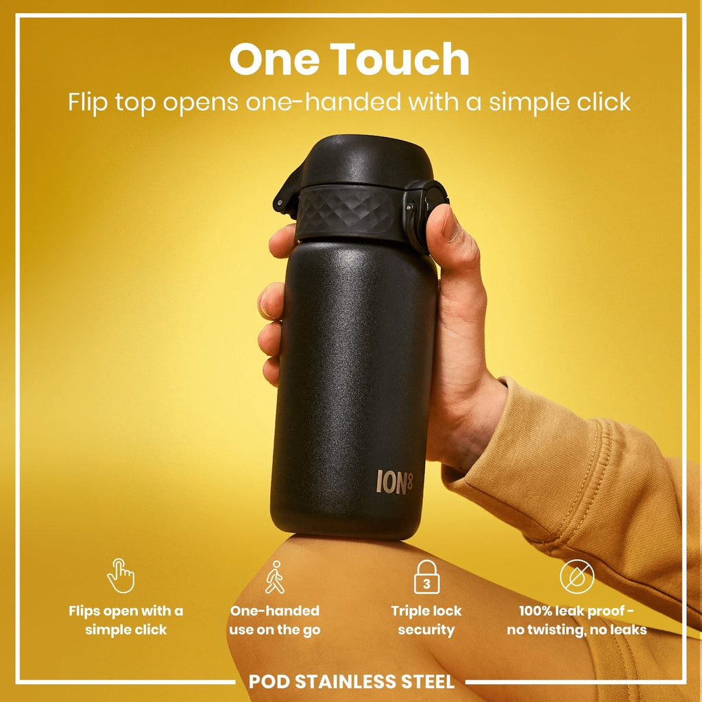 Black stainless steel leak-proof water bottle by ION8, 400ml (13oz), with a sleek design and secure lid for on-the-go hydration.