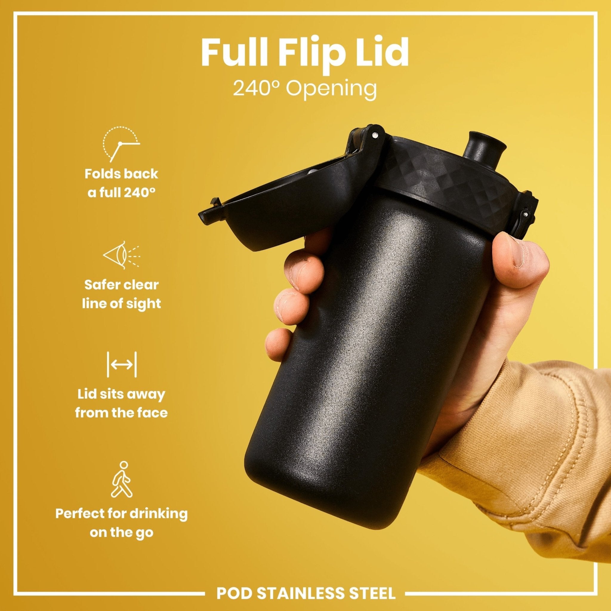 Black stainless steel leak-proof water bottle by ION8, 400ml (13oz), with a sleek design and secure lid for on-the-go hydration.