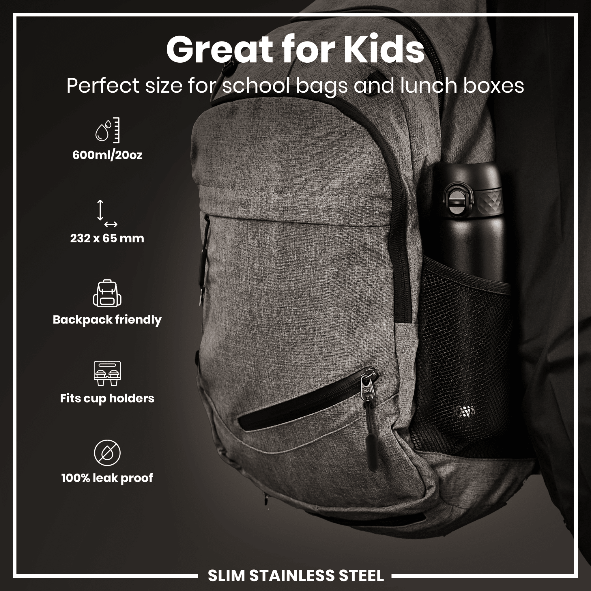 Leak-proof slim stainless steel water bottle in black, 600ml (20oz) by ION8, featuring a sleek design and secure lid.