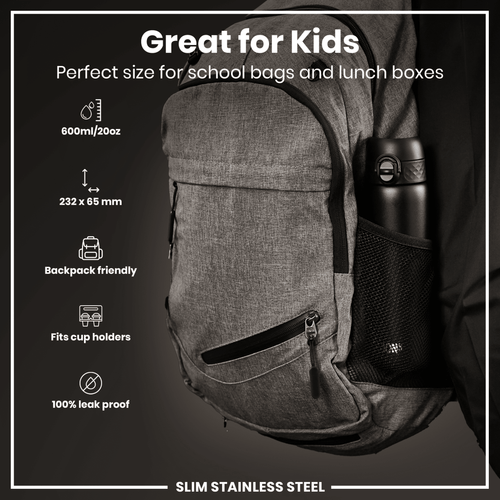 Leak-proof slim stainless steel water bottle in black, 600ml (20oz) by ION8, featuring a sleek design and secure lid.