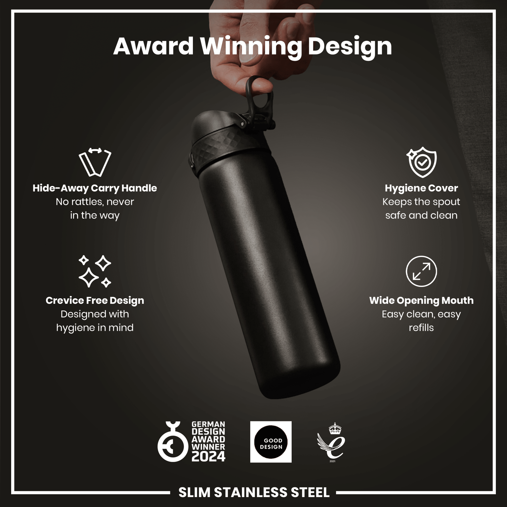 Black stainless steel leak-proof water bottle by ION8, 600ml (20oz) slim design perfect for active use