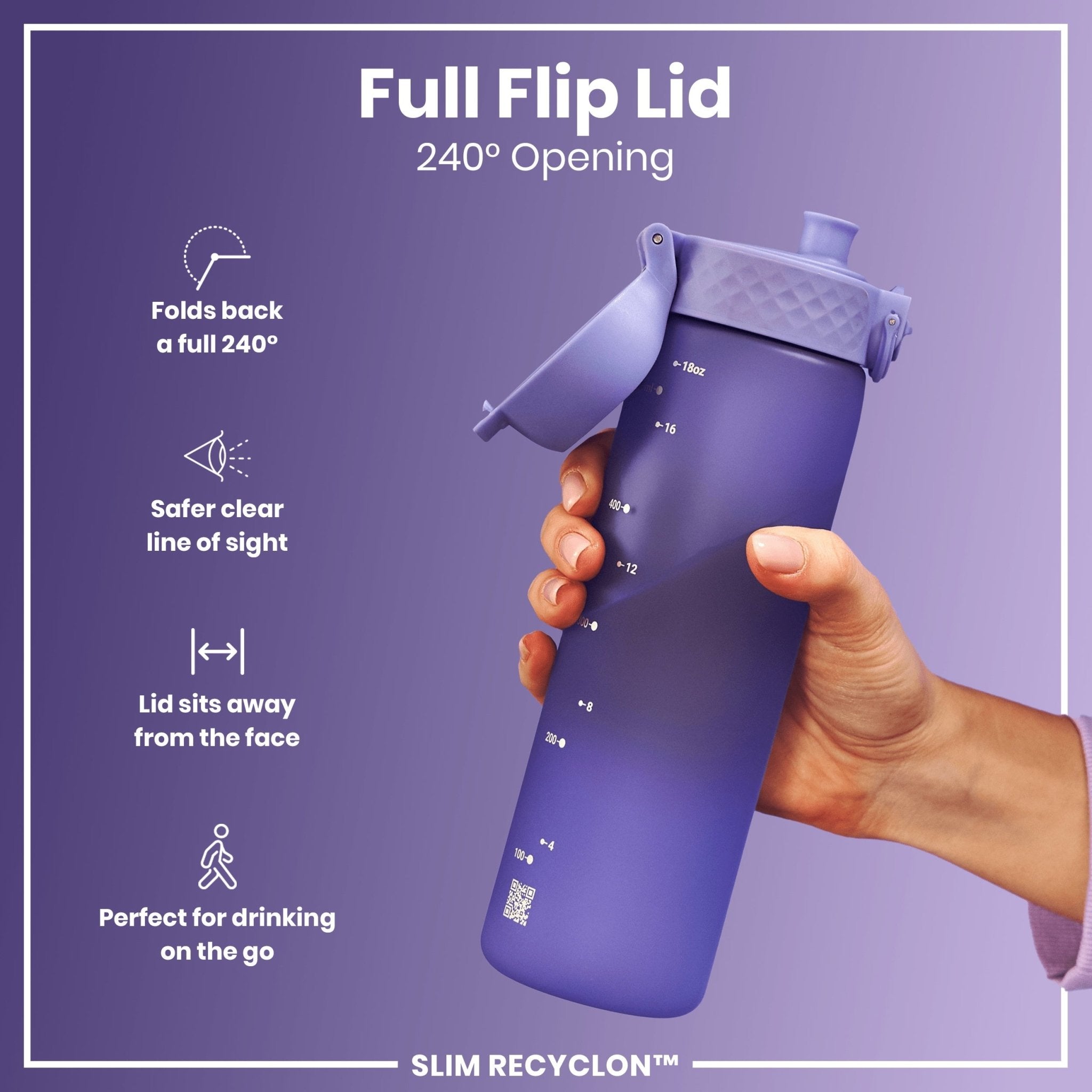 Light purple ION8 Recyclon leak-proof slim water bottle with 500ml capacity, made for on-the-go hydration.